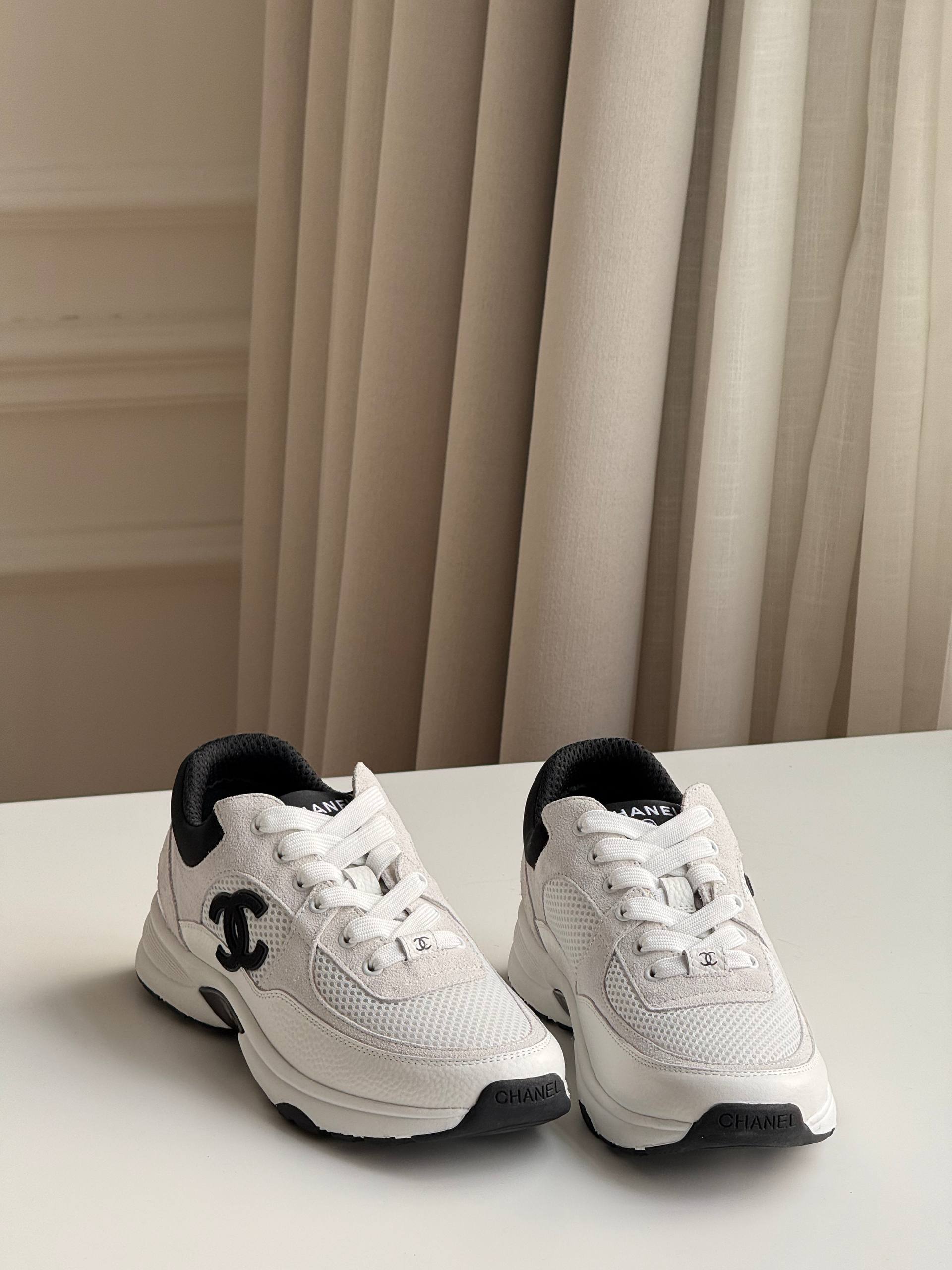 Chanel Black and White Color-Blocked Sneakers with Double C Logo