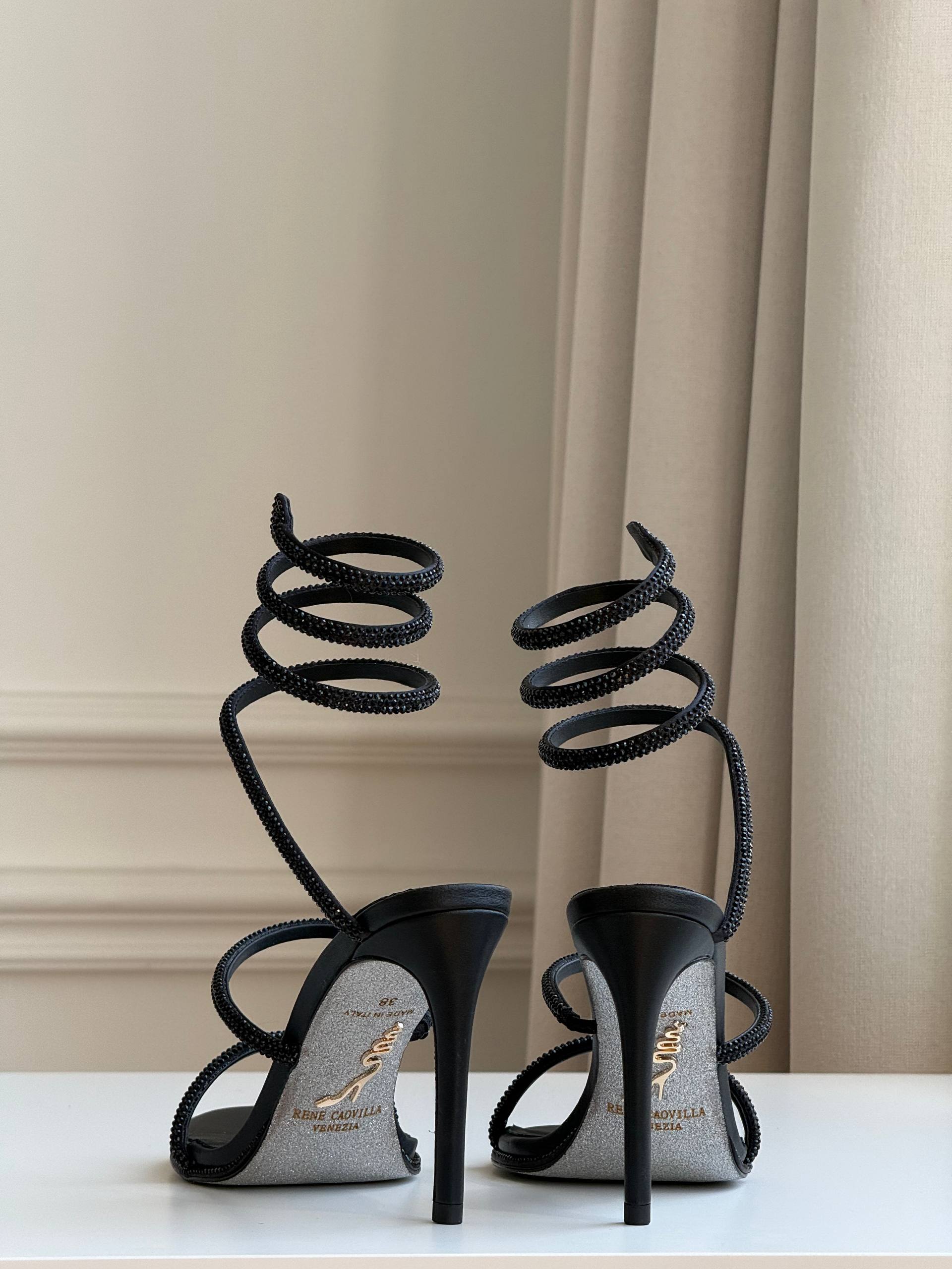 René Caovilla Cleo Black Crystal-Embellished Satin Sandals