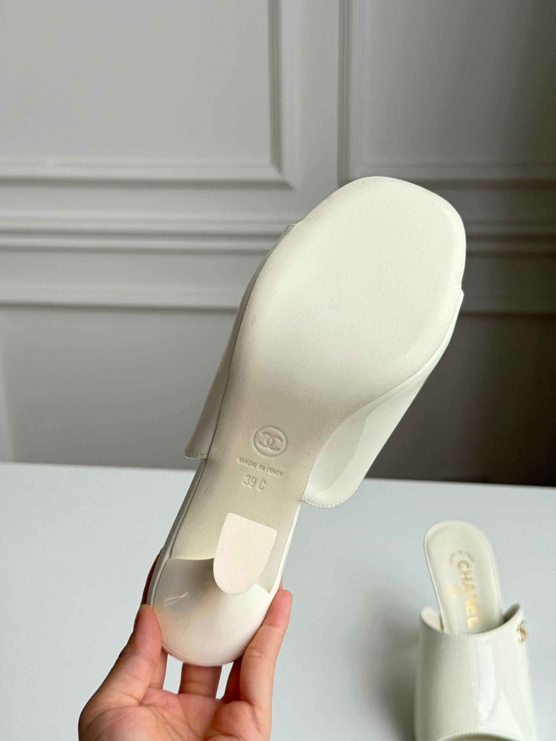 Chanel Patent Leather CC Logo Block Heel Open-Toe Mule Sandals