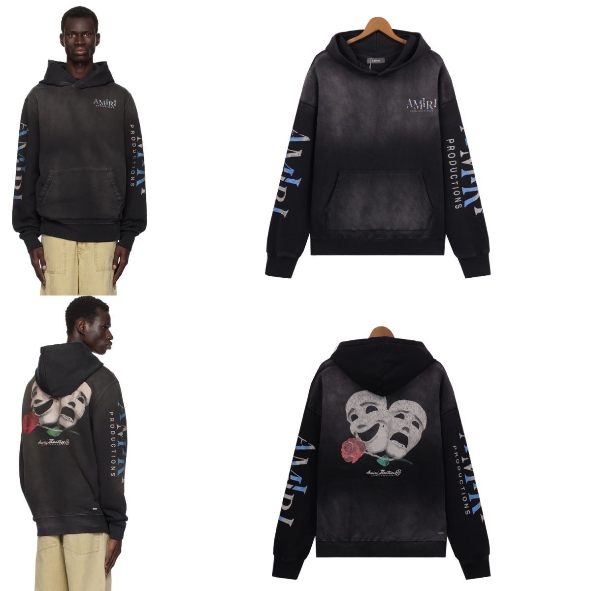 2024 Am1ri Amiri Rose Mask Monster Face Print Washed Cement Print Used Hoodie Sweatshirt Men