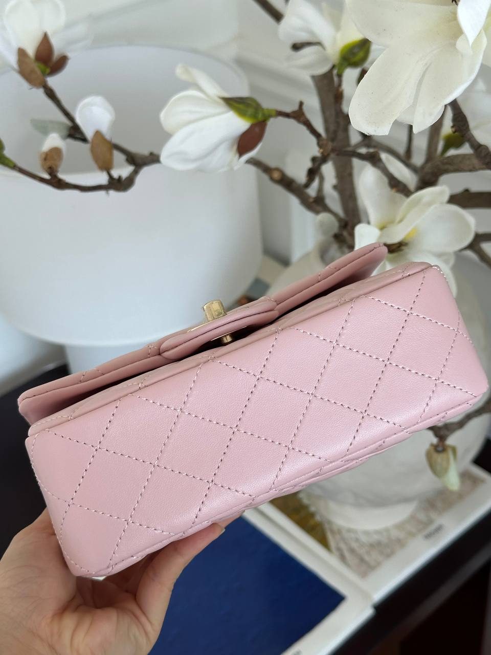Chanel Sakura Pink Lambskin Quilted Top Handle Mini Classic Flap Bag