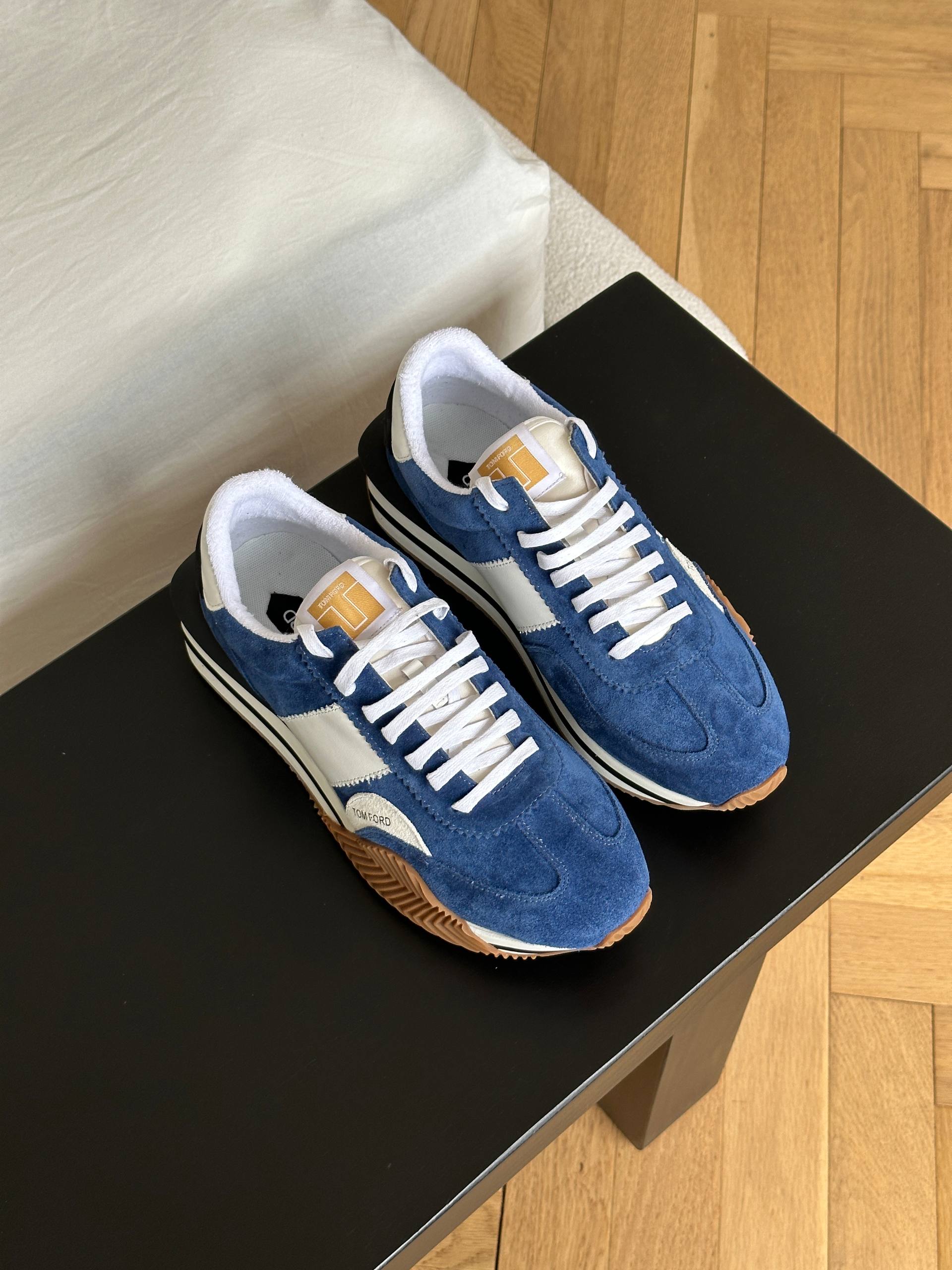 Tom Ford Blue White Suede Panel Retro Trainer Sneakers