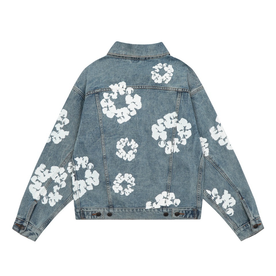 Kapok jacket puff print high version washing blue color