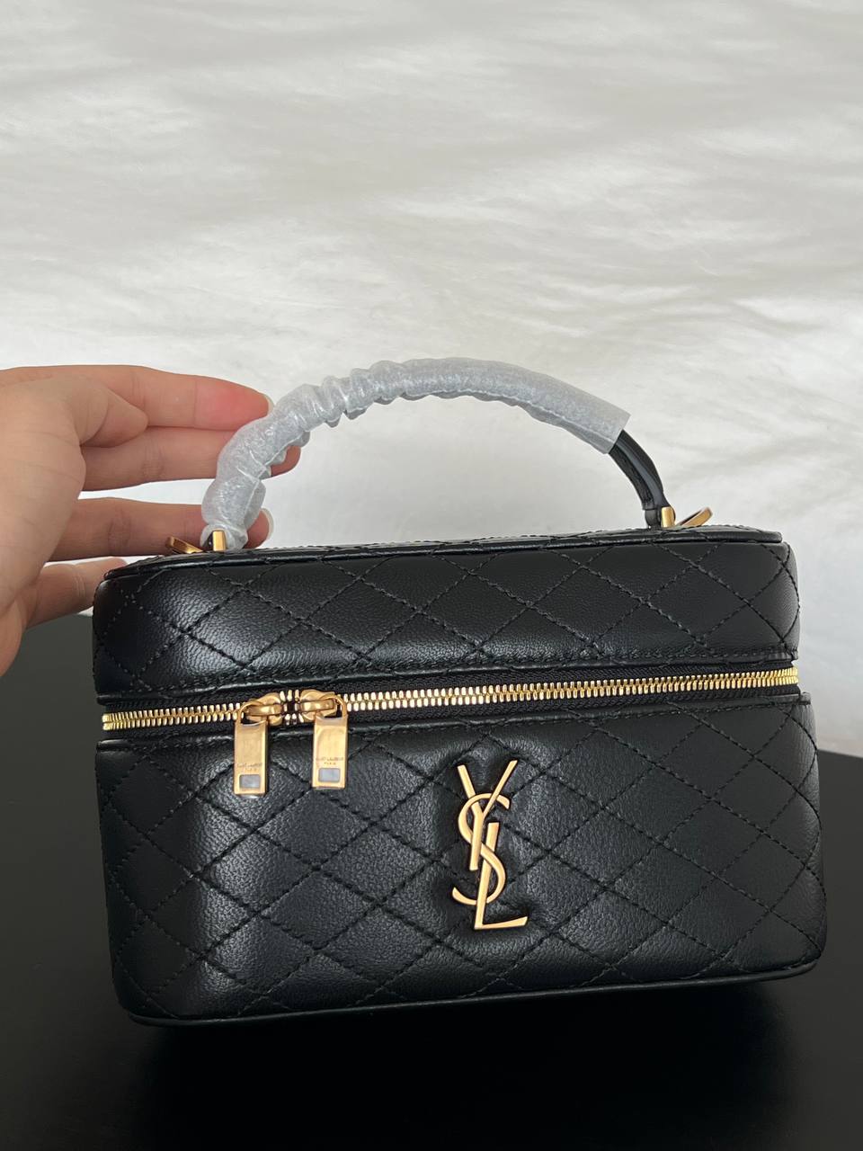 Yves Saint Laurent Black Caviar Quilted Gold Logo Top Handle Mini Vanity Box Bag