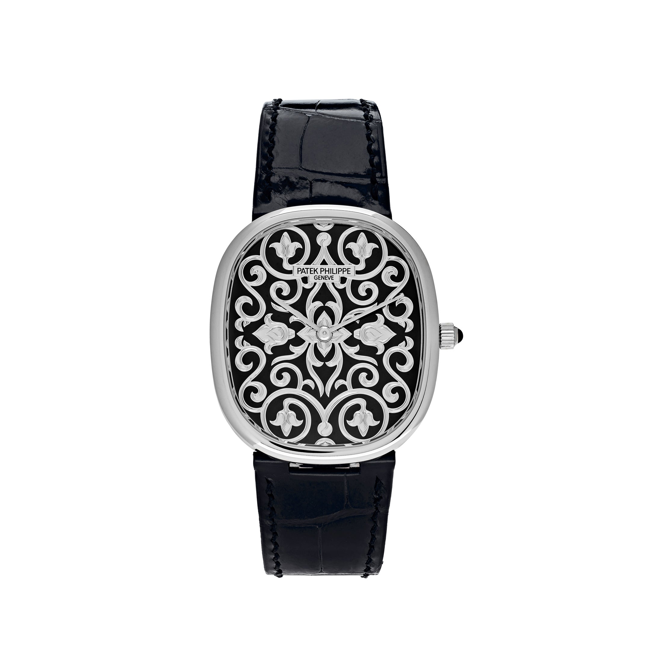 Patek Philippe Golden Ellipse White Gold Black Enamel Engraved Dial 5738/51G-001【1:1 Replica】