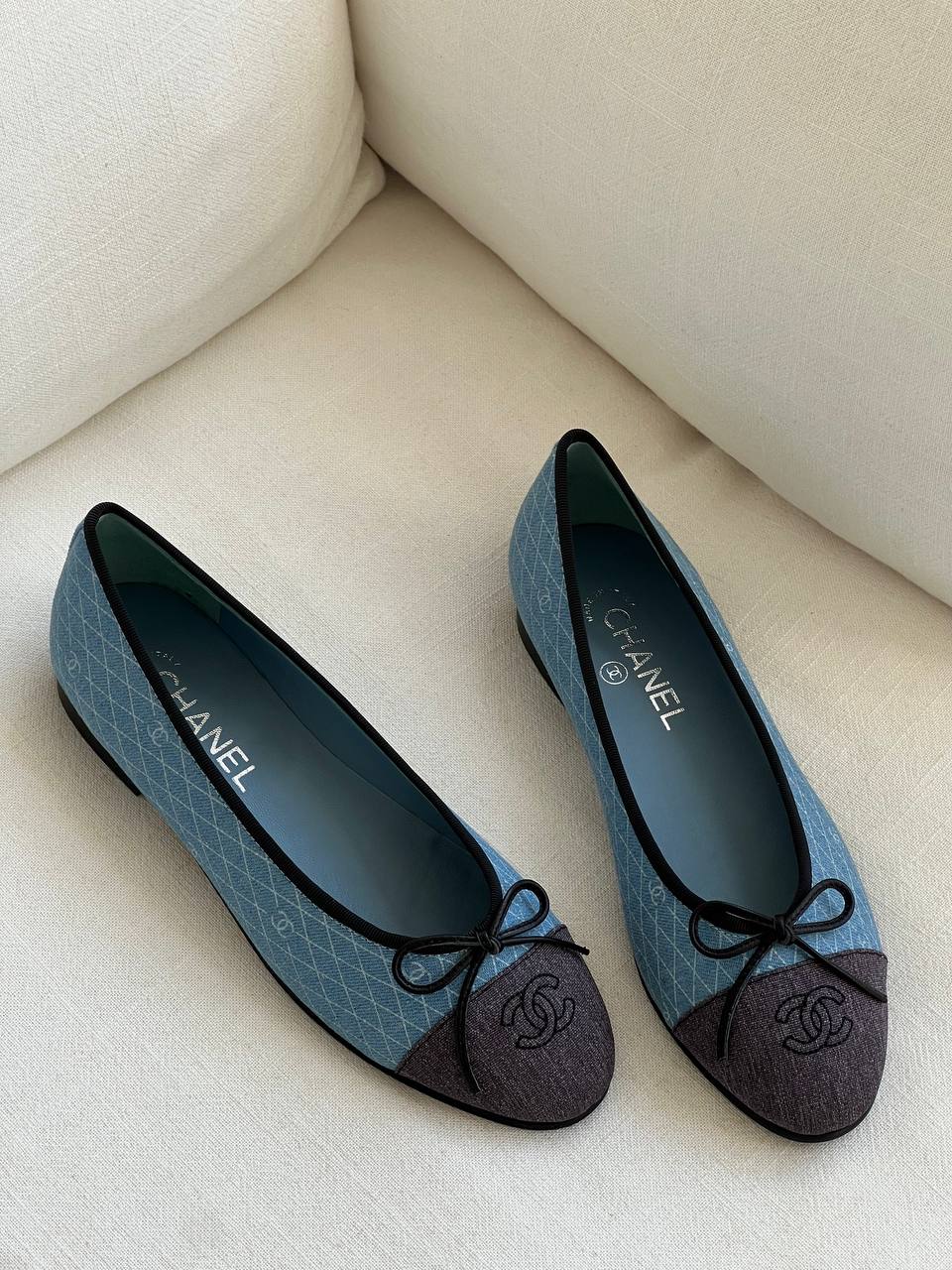 Chanel Blue Grid Canvas Patchwork Bow CC Logo Ballet Flats