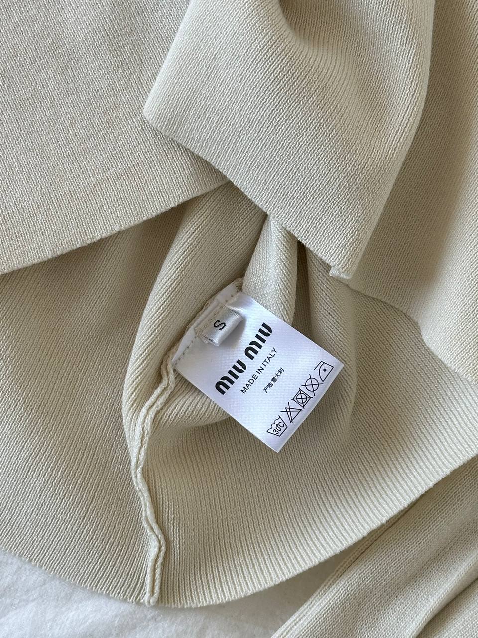 Miu Miu Cream Striped Trim Letter Embroidery Knit Cami Top & High Waist Pleated Skirt Two Piece Set