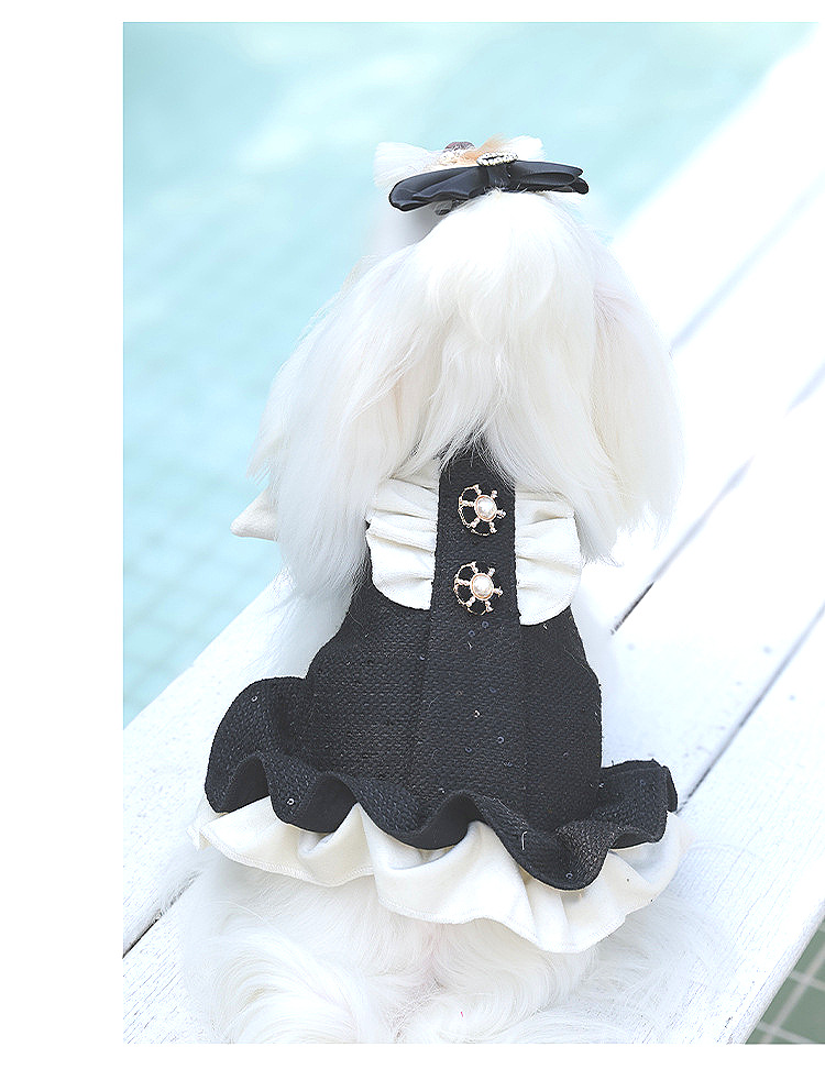 Black Tweed Pearl Embellished Dress Bow Ruffle Hem Formal Outfit for Small Dogs - MAISONKAIRON
