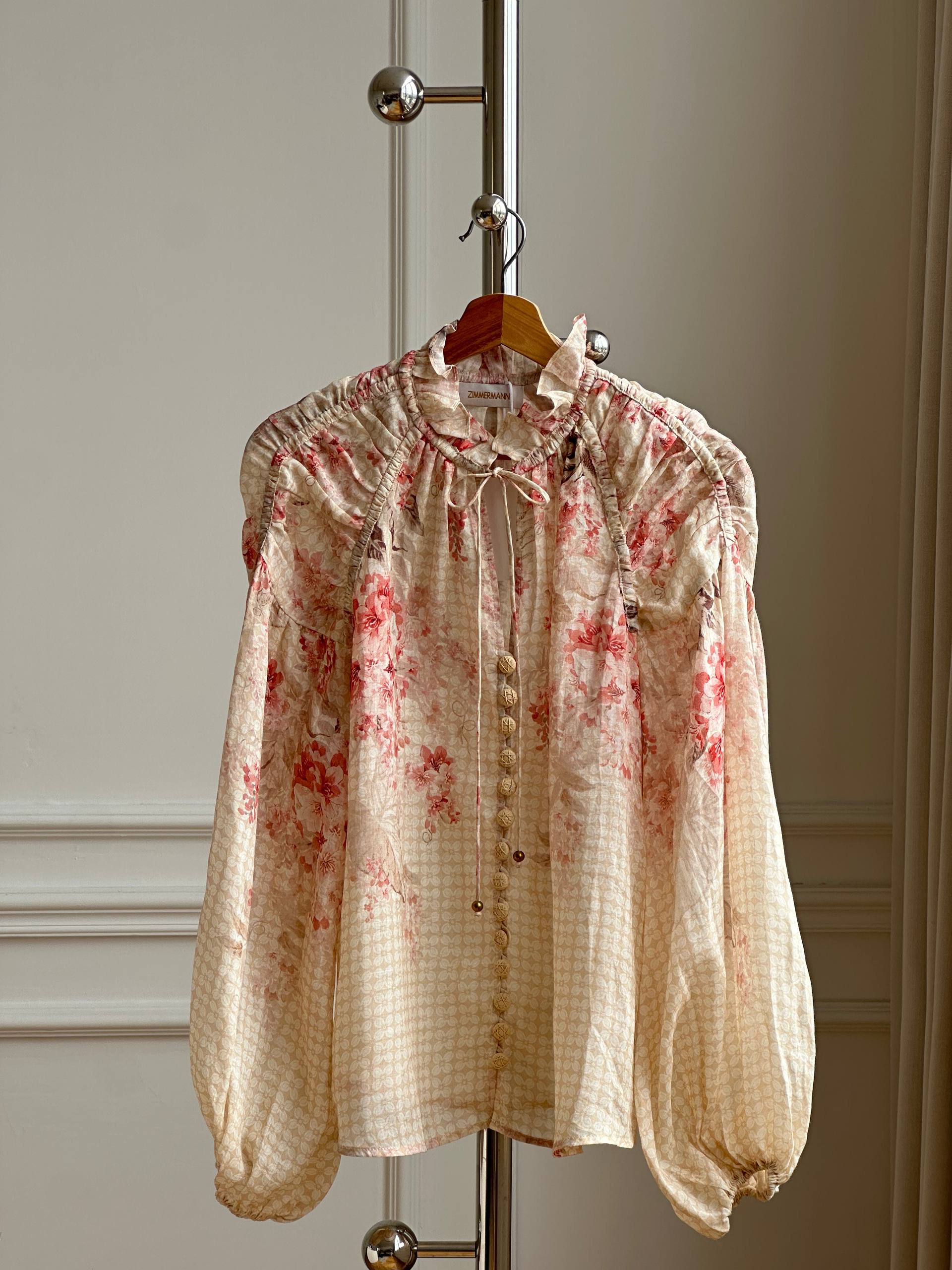 Zimmermann Floral Print Ruffled Neck Balloon Sleeve Blouse