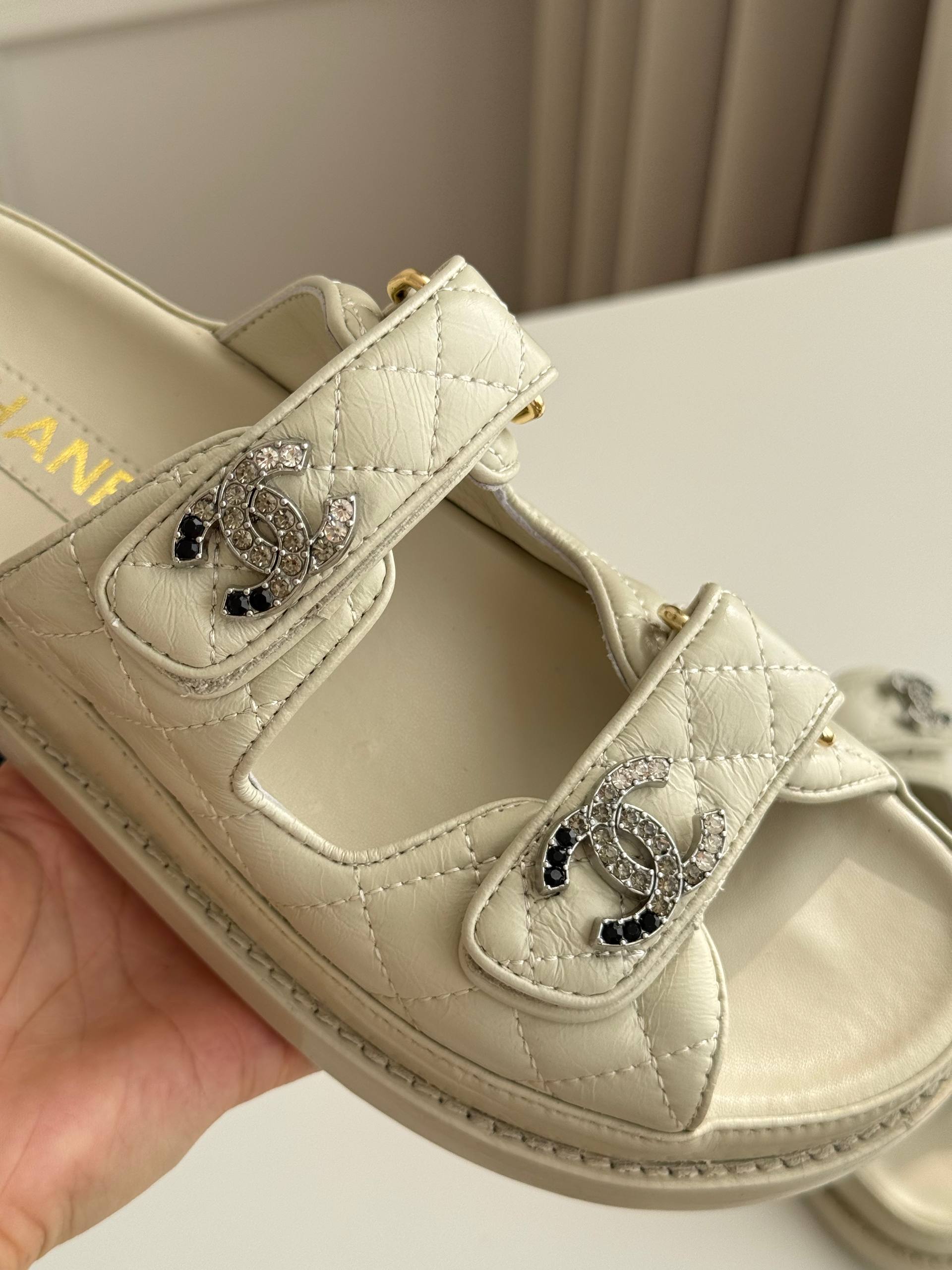 Chanel Quilted Lambskin Crystal CC Velcro Dad Sandals