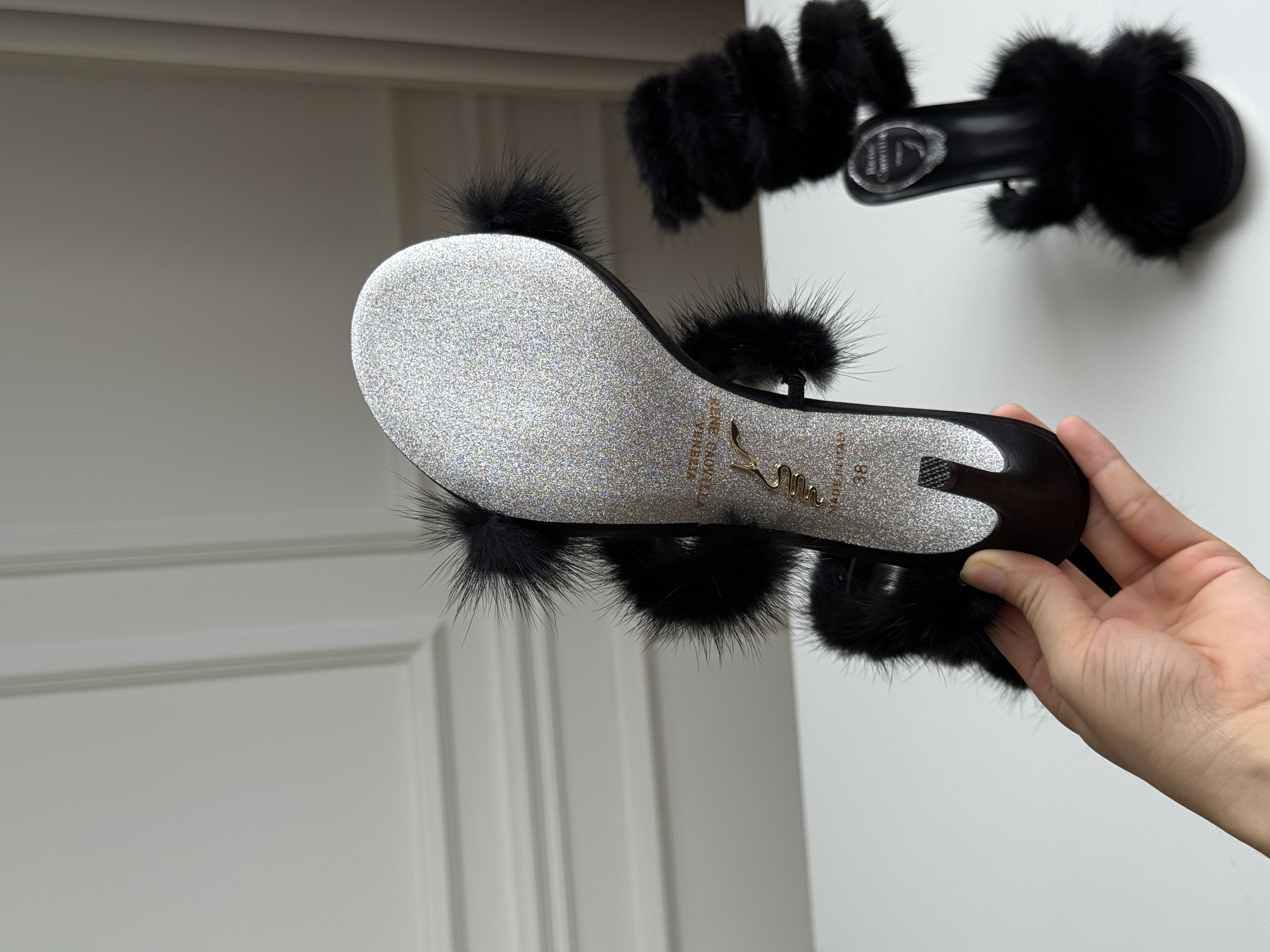 Rene Caovilla Mink Fur Snake-Wrap High-Heel Sandals