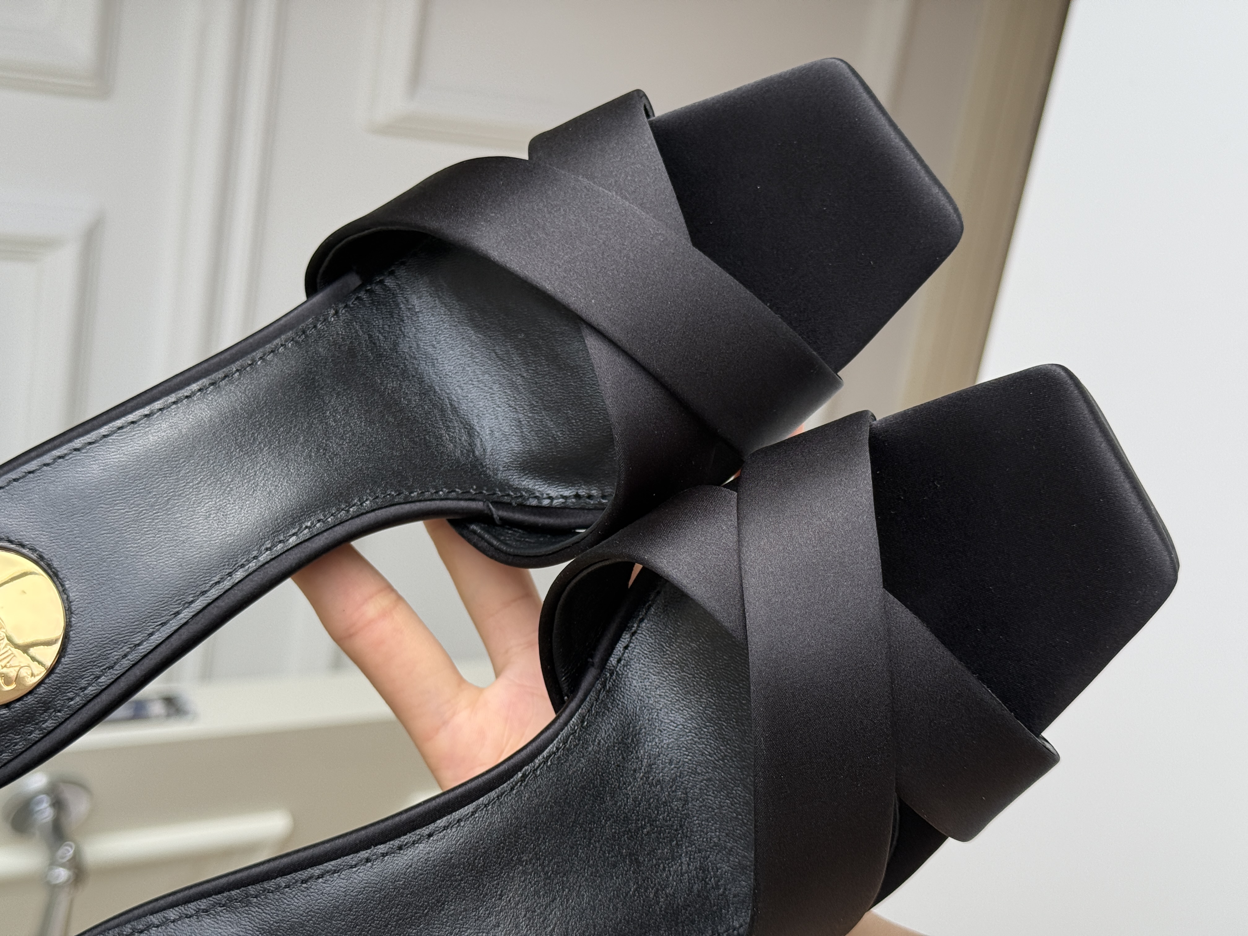 Saint Laurent Black Satin Crisscross Strap Gold Heel Sandals