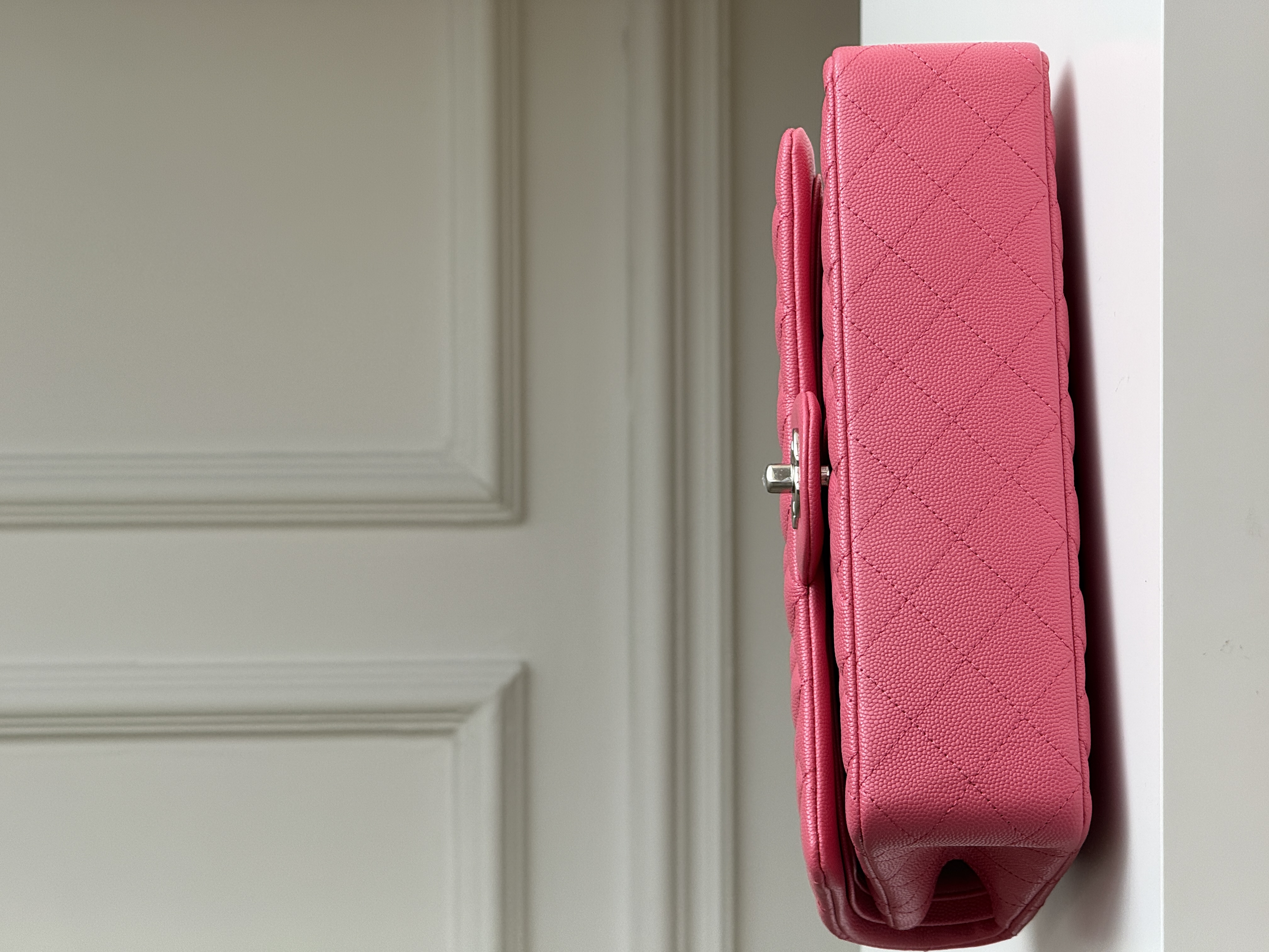 Chanel Medium Classic Flap Hot Pink Caviar Leather Diamond Quilt Silver Turn-Lock CC Chain Crossbody Bag