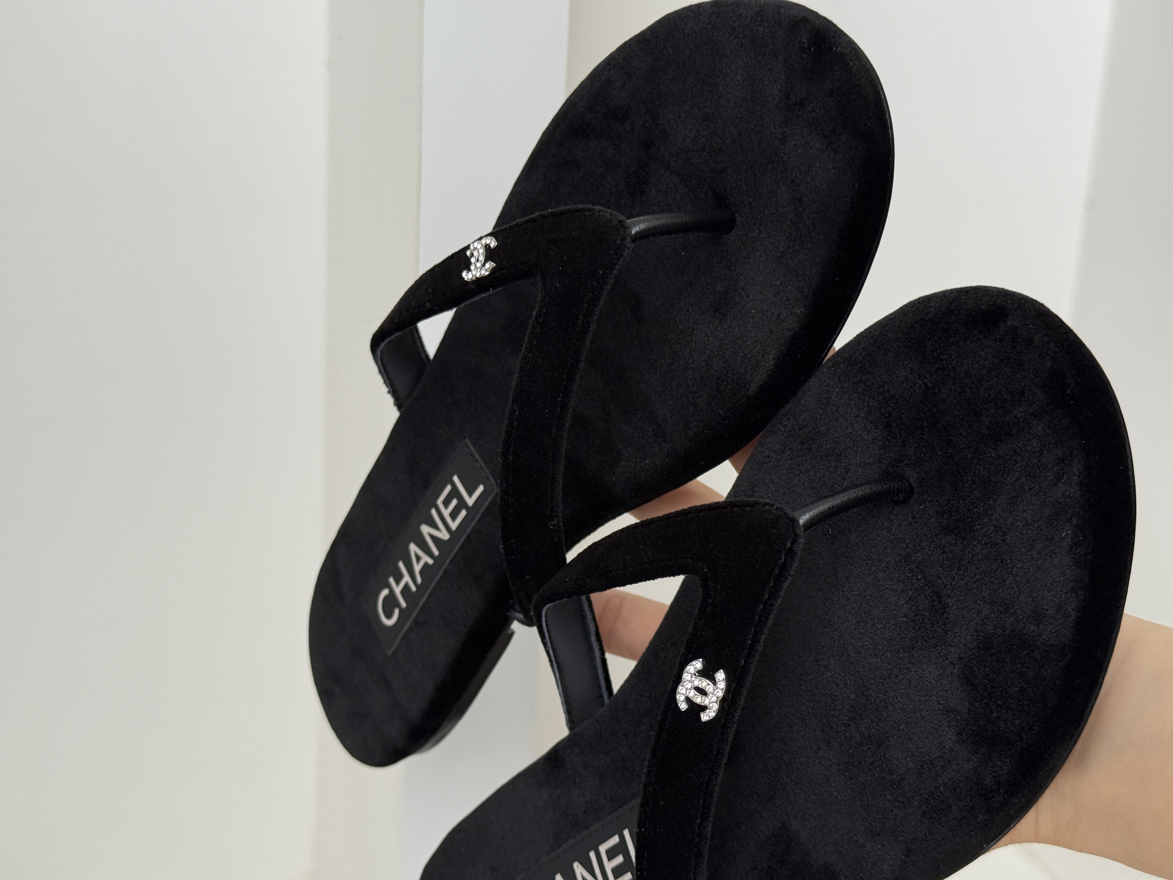 CHANEL Velvet Flip-Flop Sandals with Crystal CC Logo