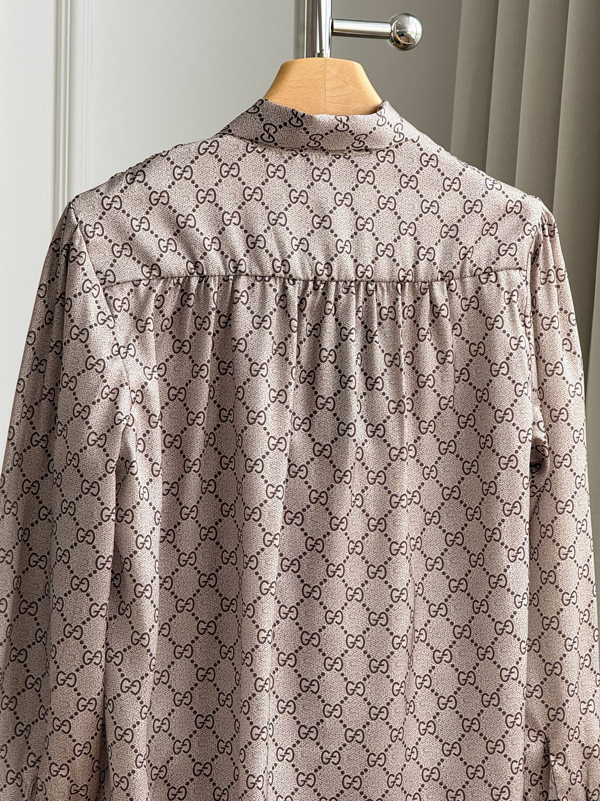 Gucci All-over GG Monogram Bow Tie Neck Satin Blouse