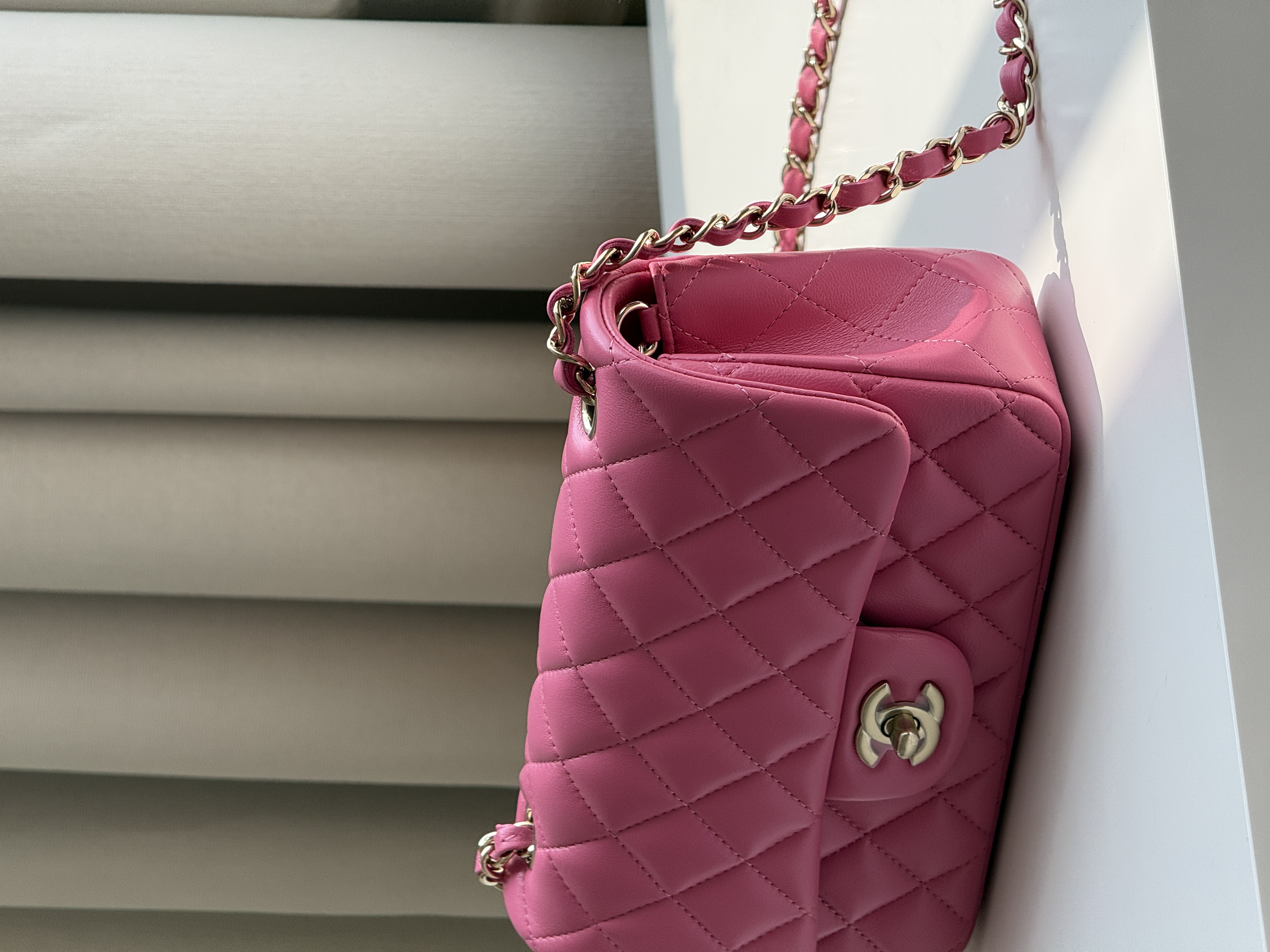 Chanel Hot Pink Lambskin Mini Classic Flap Gold CC Chain Bag