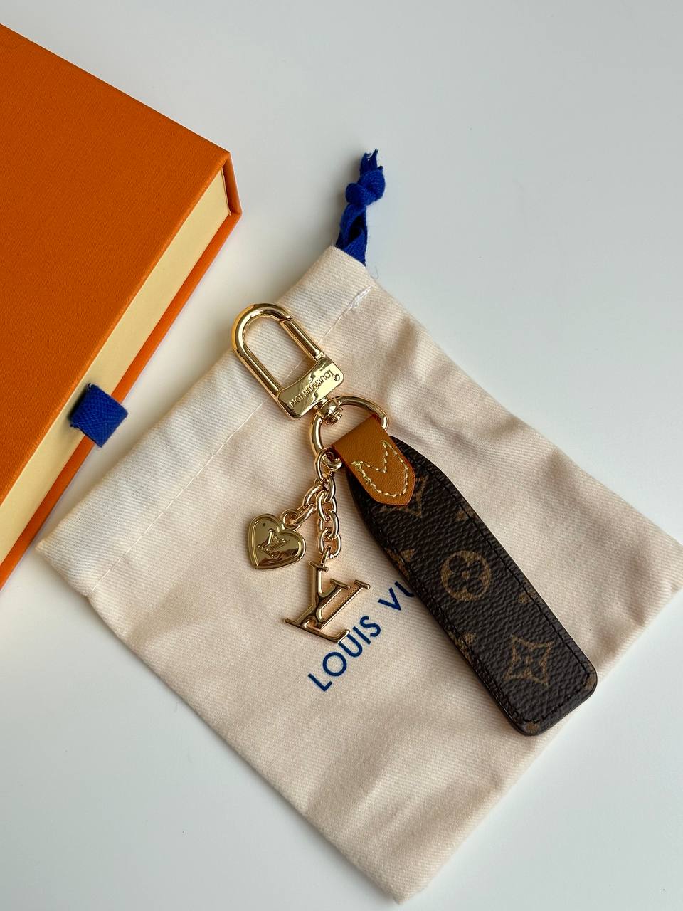 Louis Vuitton Monogram Canvas Strap LV Logo Heart Metal Keychain Charm