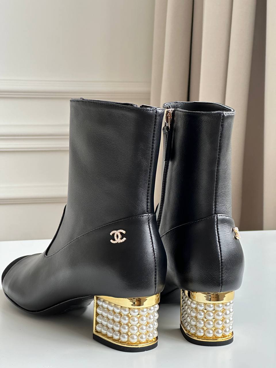 Black Smooth Calfskin Suede Toe Pearl Block Heel Side Zipper Peep Toe Ankle Boots