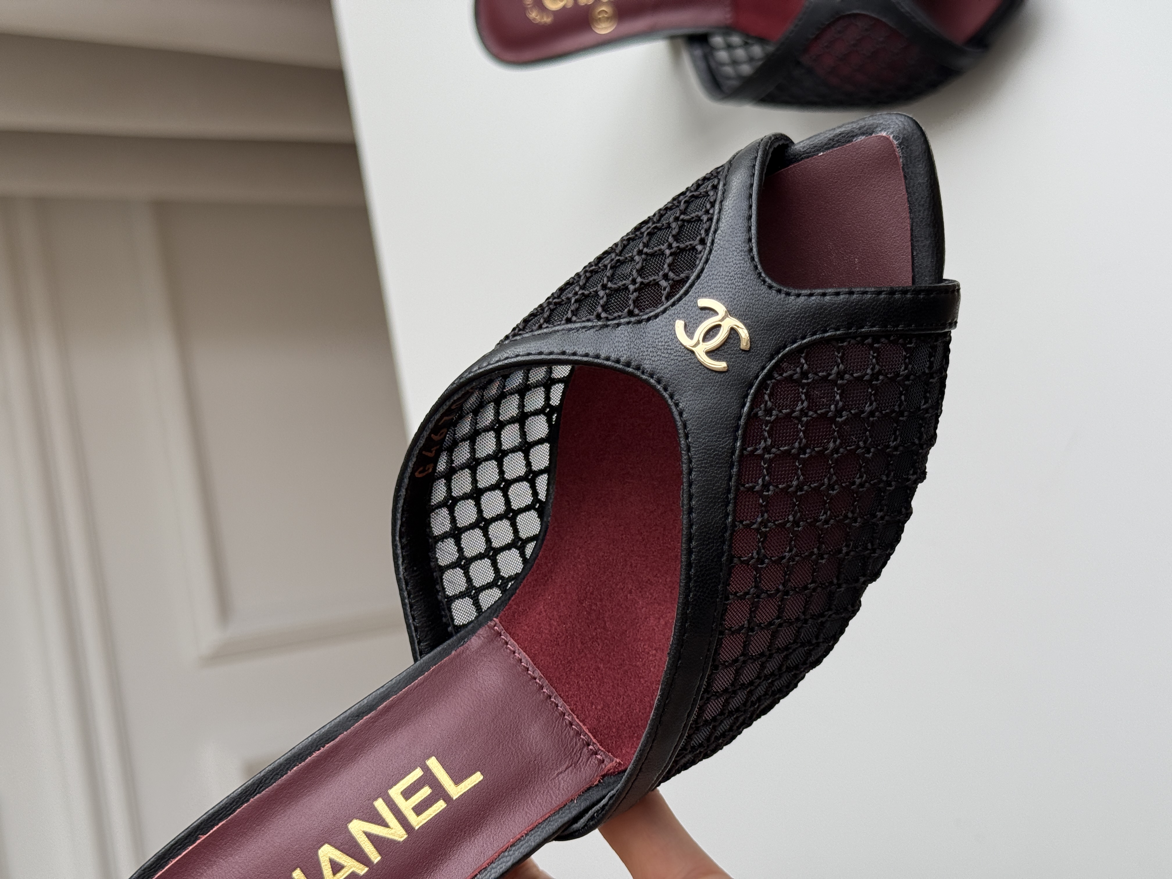 CHANEL Mesh Peep-Toe Block-Heel Mules