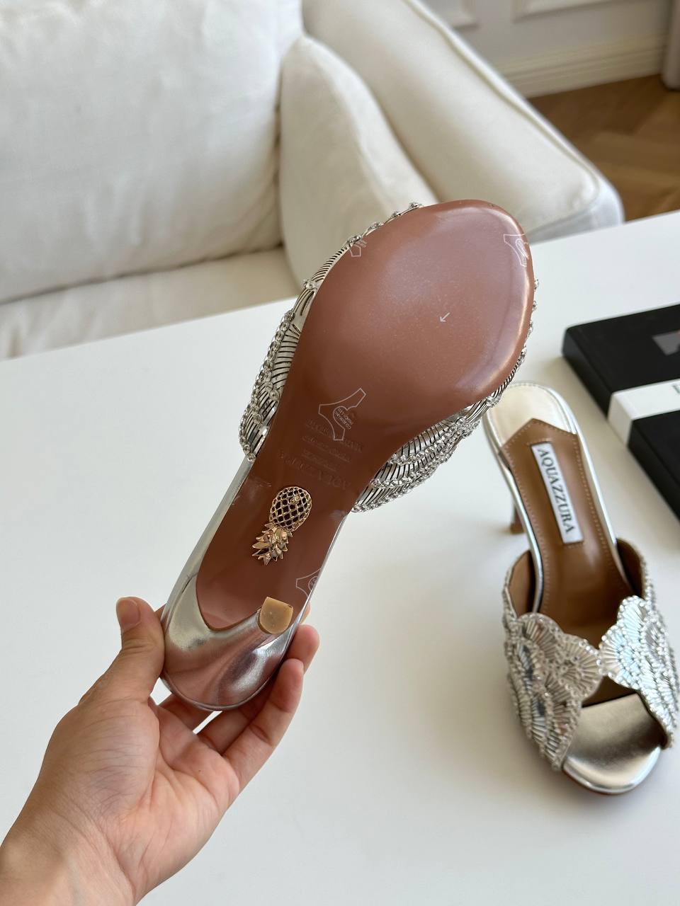 Aquazzura Silver Beaded Scalloped Open-Toe Stiletto Mules