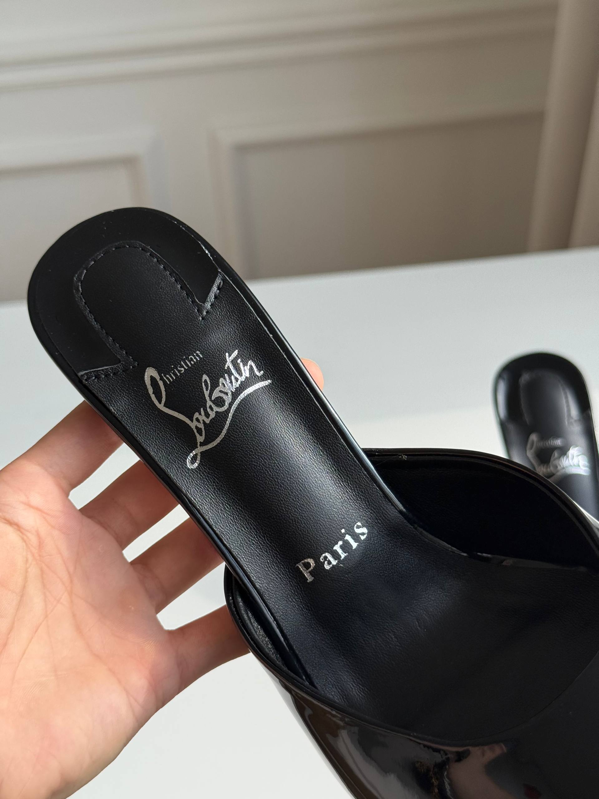 Christian Louboutin Patent Leather Peep-Toe Mule Heels with Red Sole