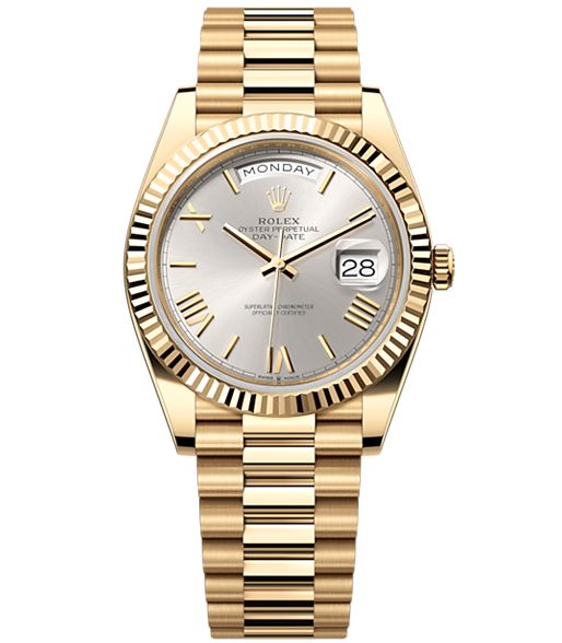 Rolex Day-Date 40 Presidential Silver dial, Fluted Bezel, President bracelet, Yellow gold Watch【1:1 Replica】