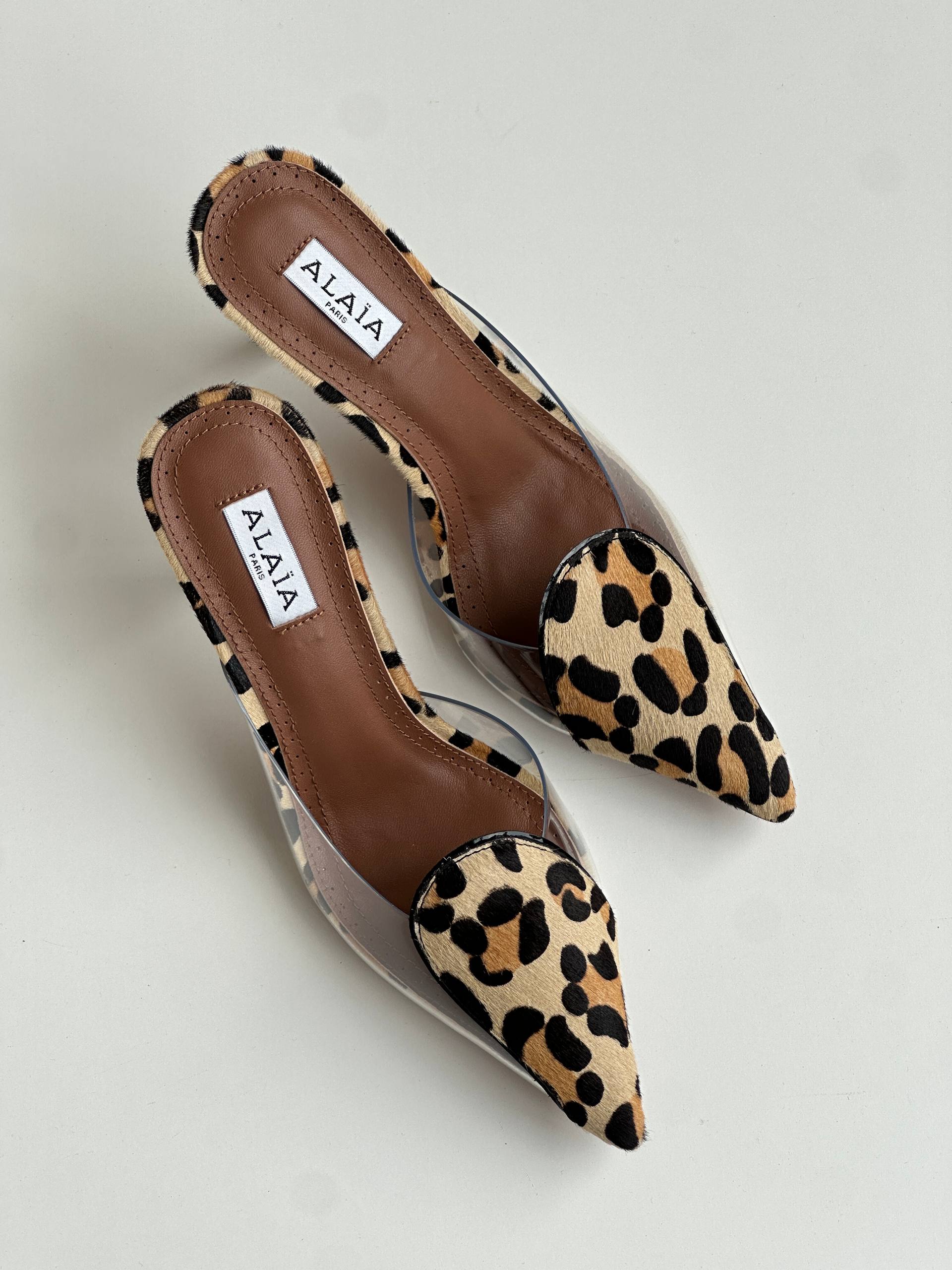 ALAÏA Leopard Print Calf Hair Pointed PVC Two-Strap Mule Heels