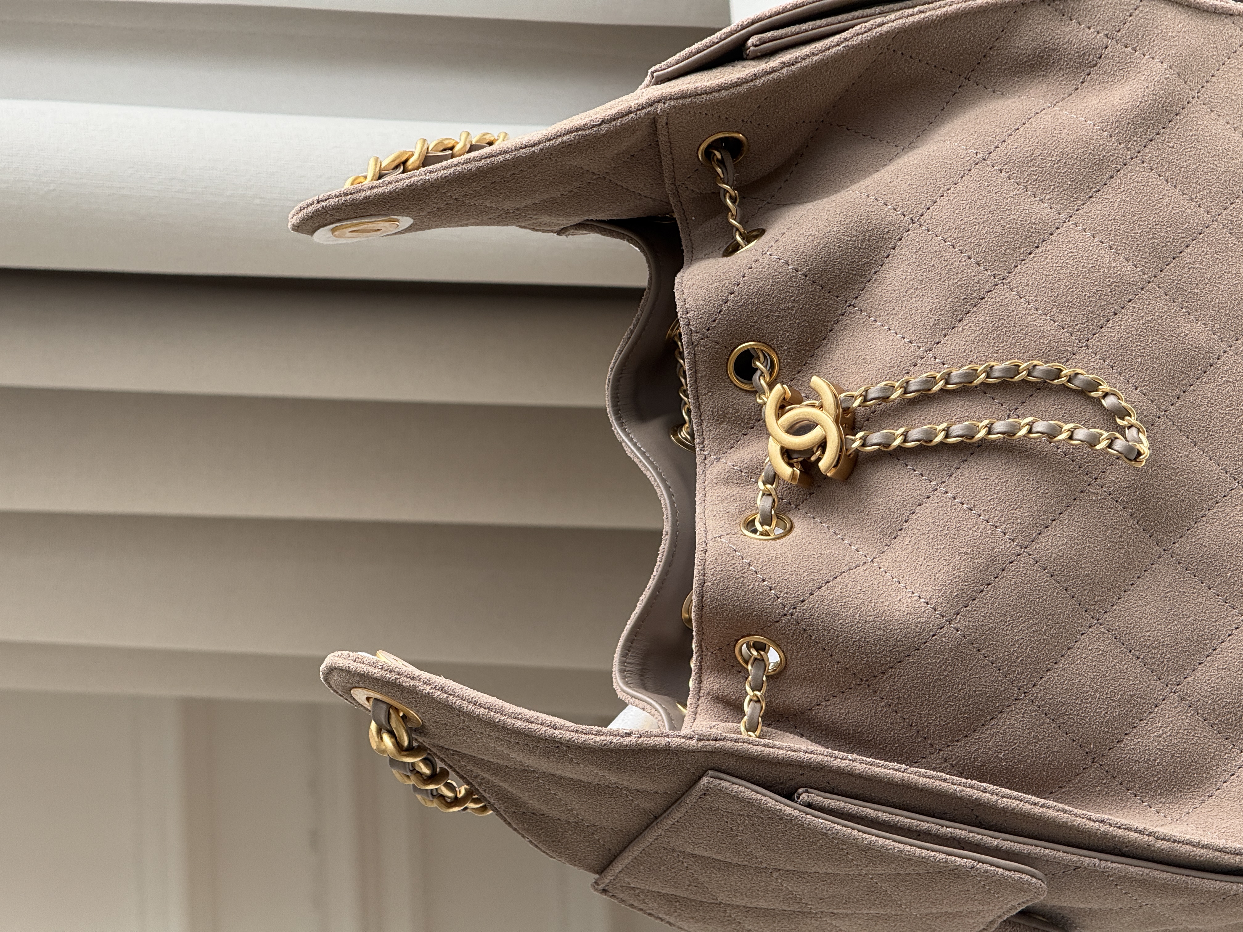 Chanel 25A Suede Quilted Drawstring Hobo Tote Bag