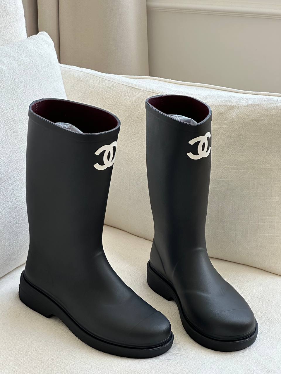 Chanel Black Rubber Mid-Calf CC Logo Rain Boots