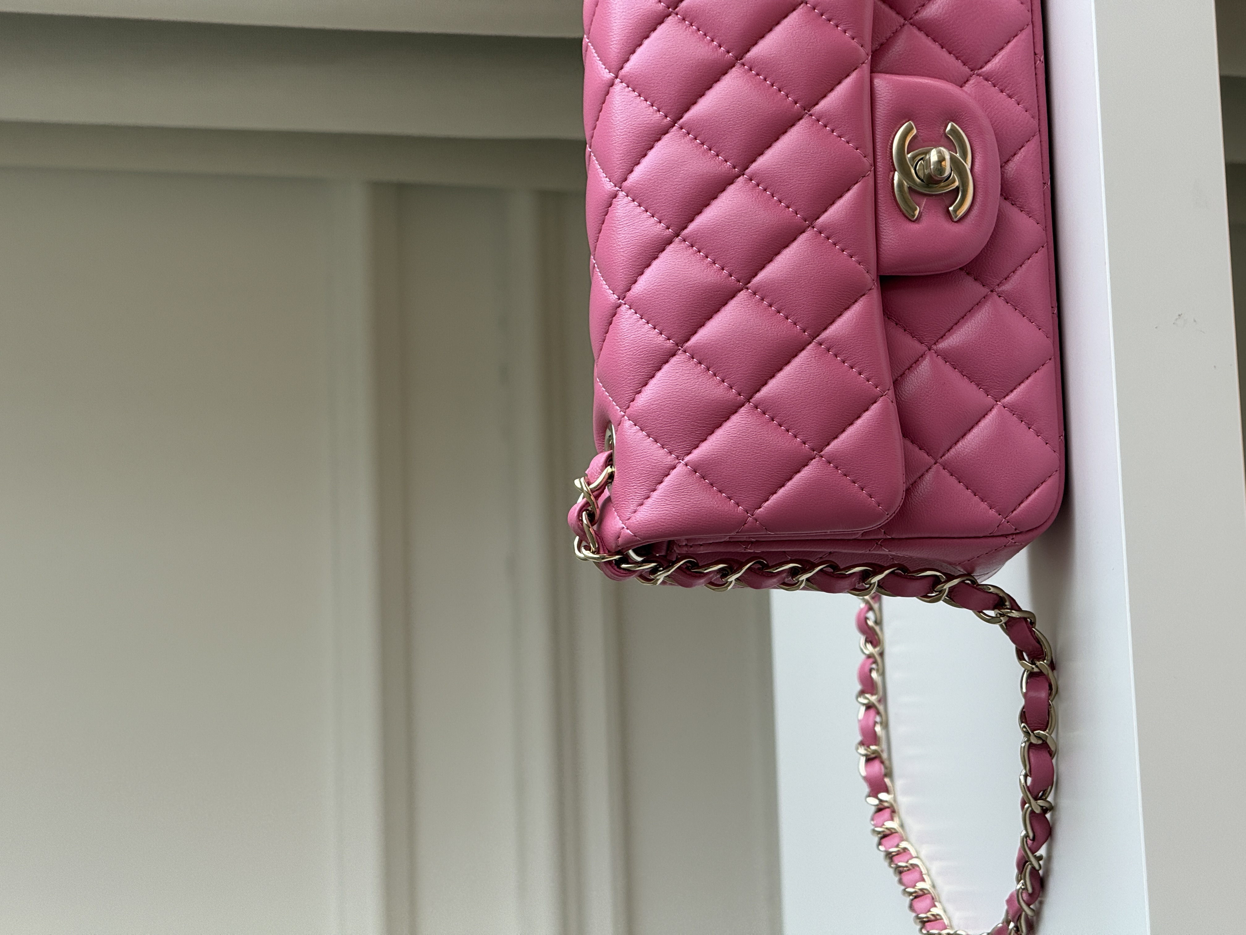 Chanel Hot Pink Lambskin Mini Classic Flap Gold CC Chain Bag