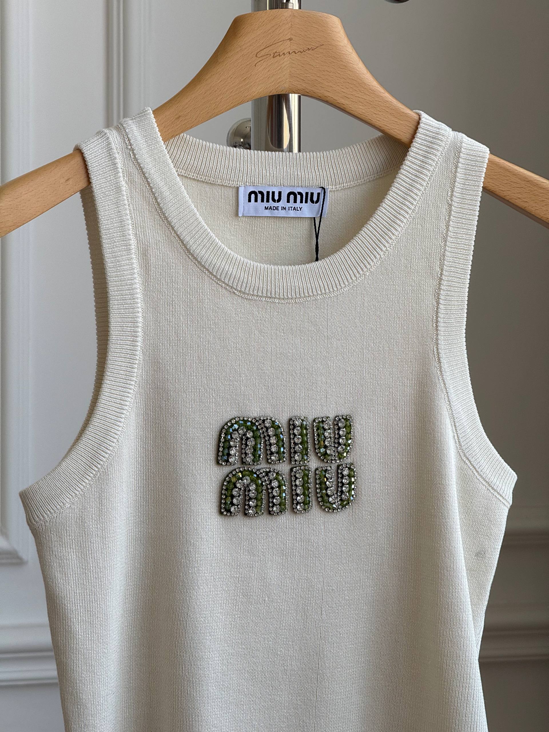 Miu Miu Crystal-Embellished Logo Knit Tank Top