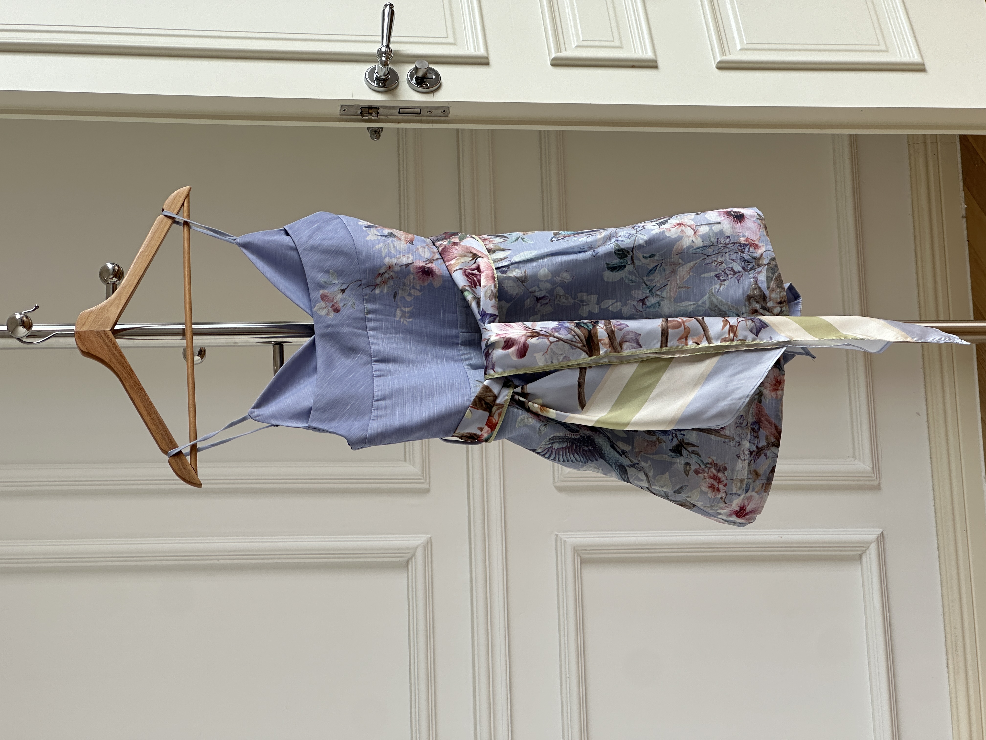 Haze Blue Vintage Floral Bird Print V-Neck Thin Strap Jumpsuit Shorts With Contrast Sash Belt