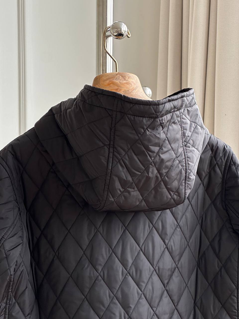 Black Diamond Quilted Hooded Drawstring Mid-Length Lightweight Padded Coat