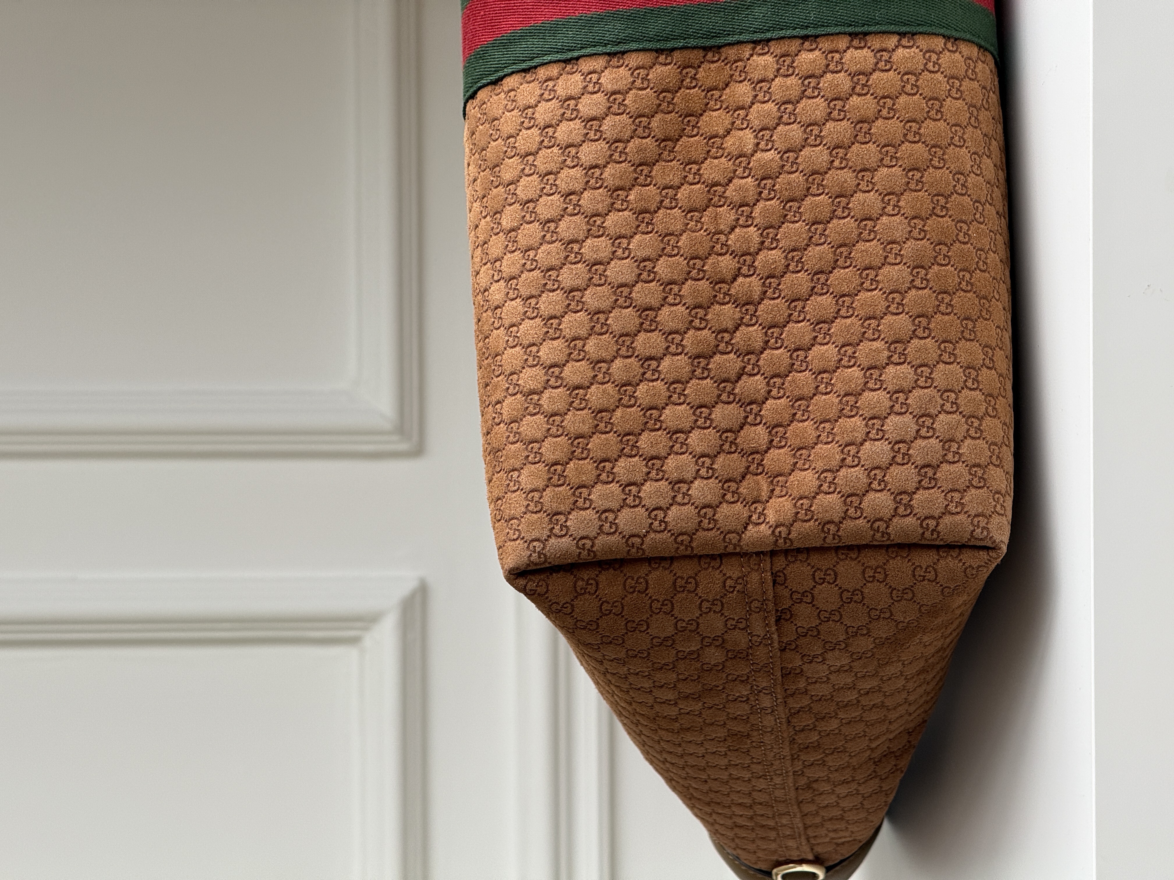 Gucci Caramel GG Monogram Suede Tote Handbag With Web Stripe & Double G Logo