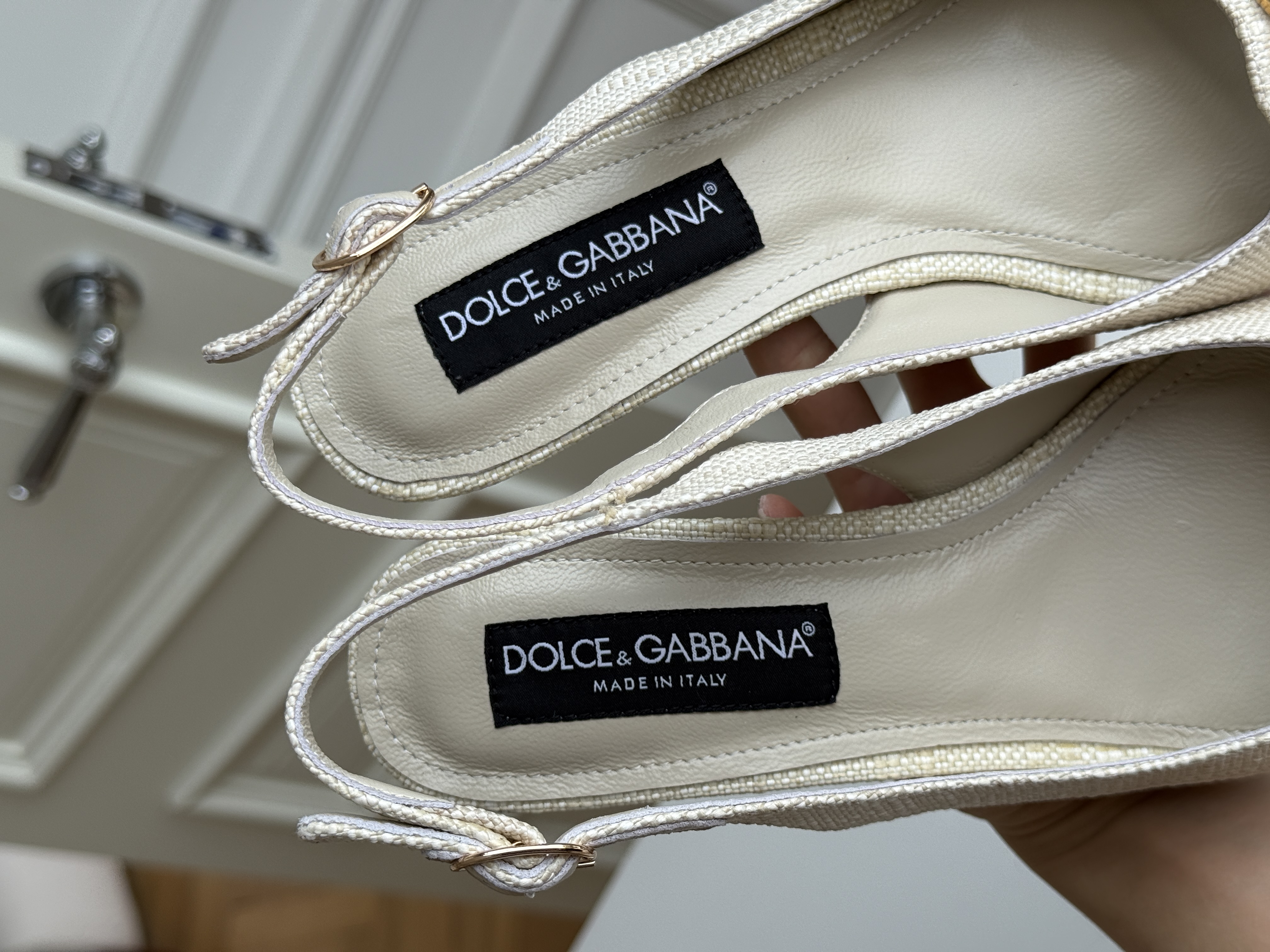 Dolce & Gabbana Off-White Woven Fabric Pointed DG Logo Slingback Heels