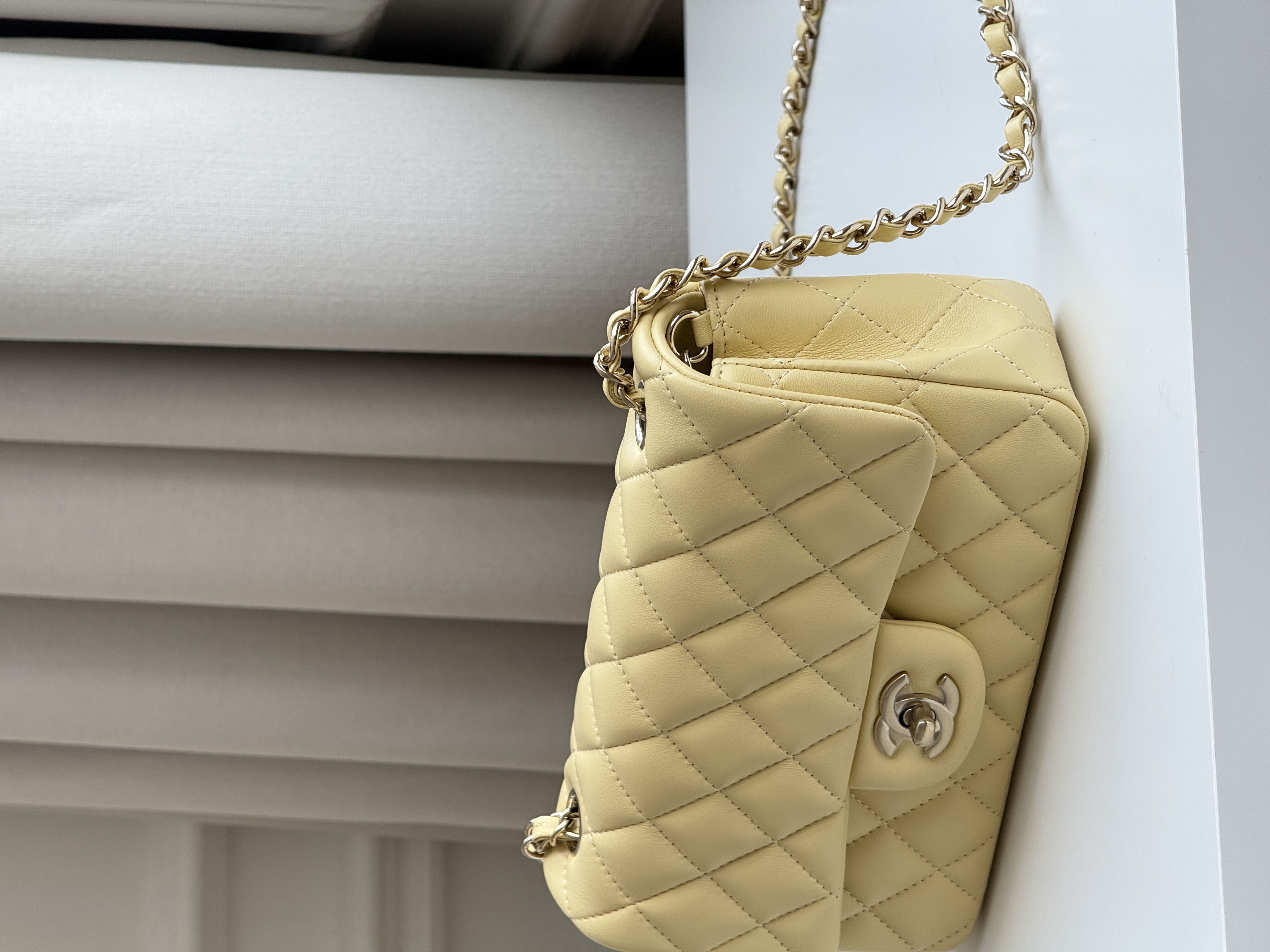 Chanel Cream Yellow Caviar Leather Classic Flap Silver CC Chain Bag