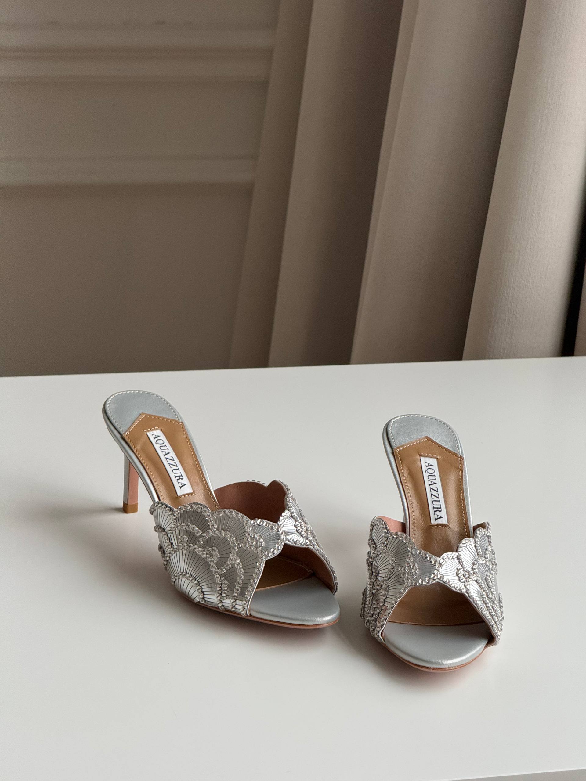 Aquazzura Lace-Embroidered Open-Toe Heeled Mules