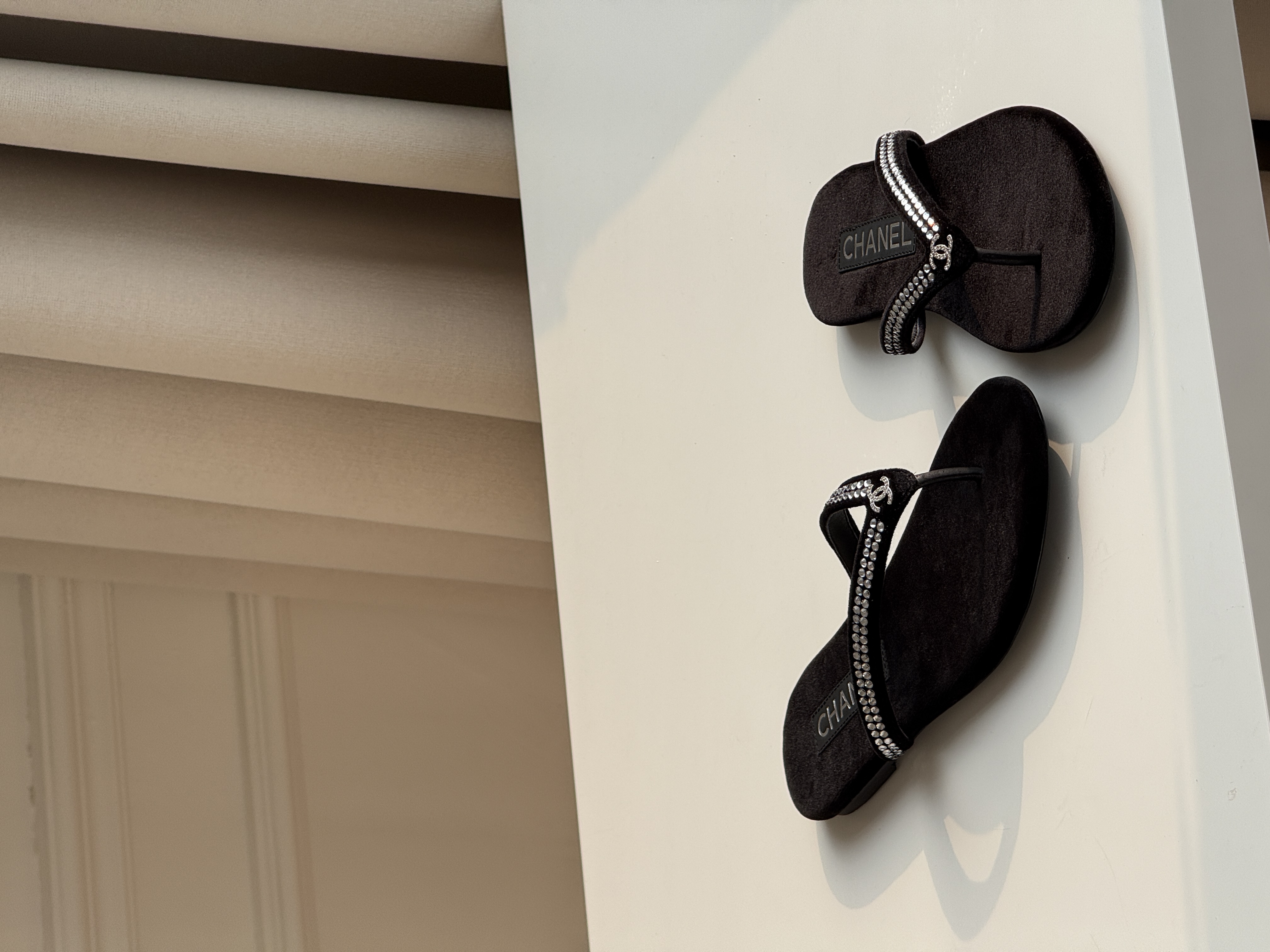 Chanel Velvet Flip-Flop Sandals with Strass and CC Logo