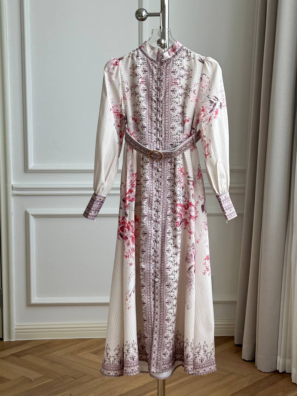 Beige Base Pink Floral Print Stand Collar Button Bubble Long Sleeve Belted Maxi Dress