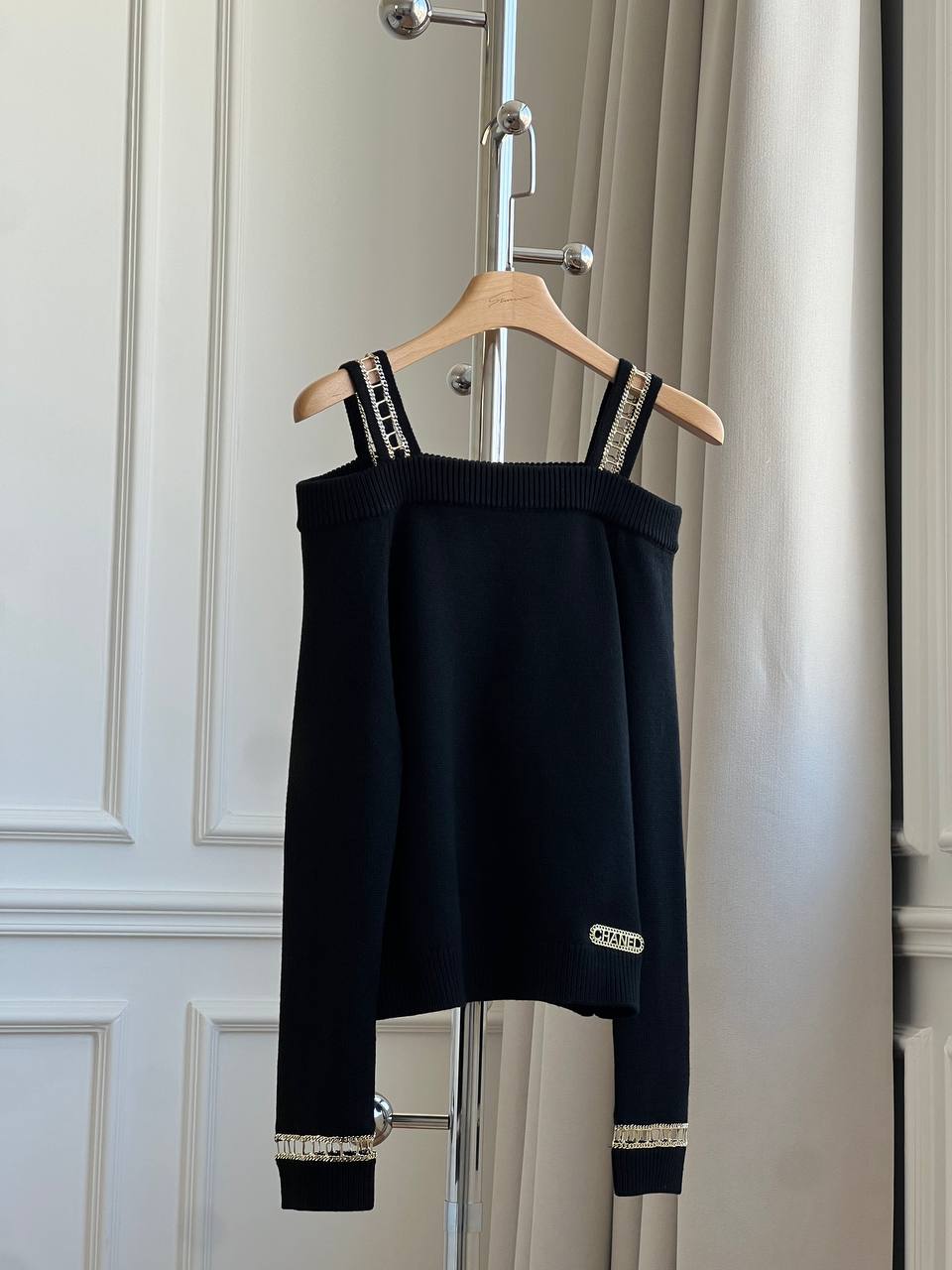 Chanel Chain-Trimmed Off-the-Shoulder Knit Top