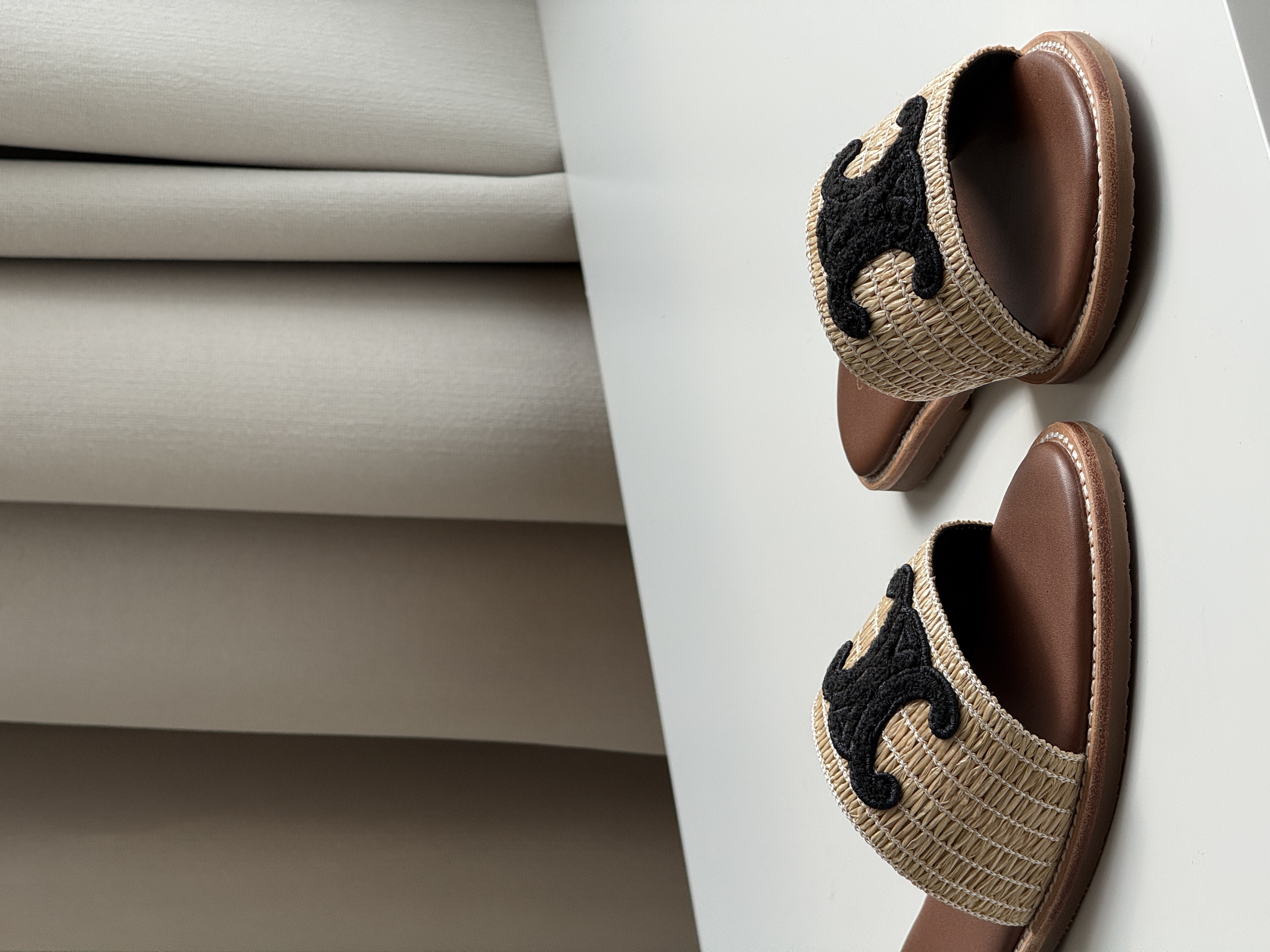 Celine Raffia Woven Slide Sandals With Black Triomphe Embroidery Logo