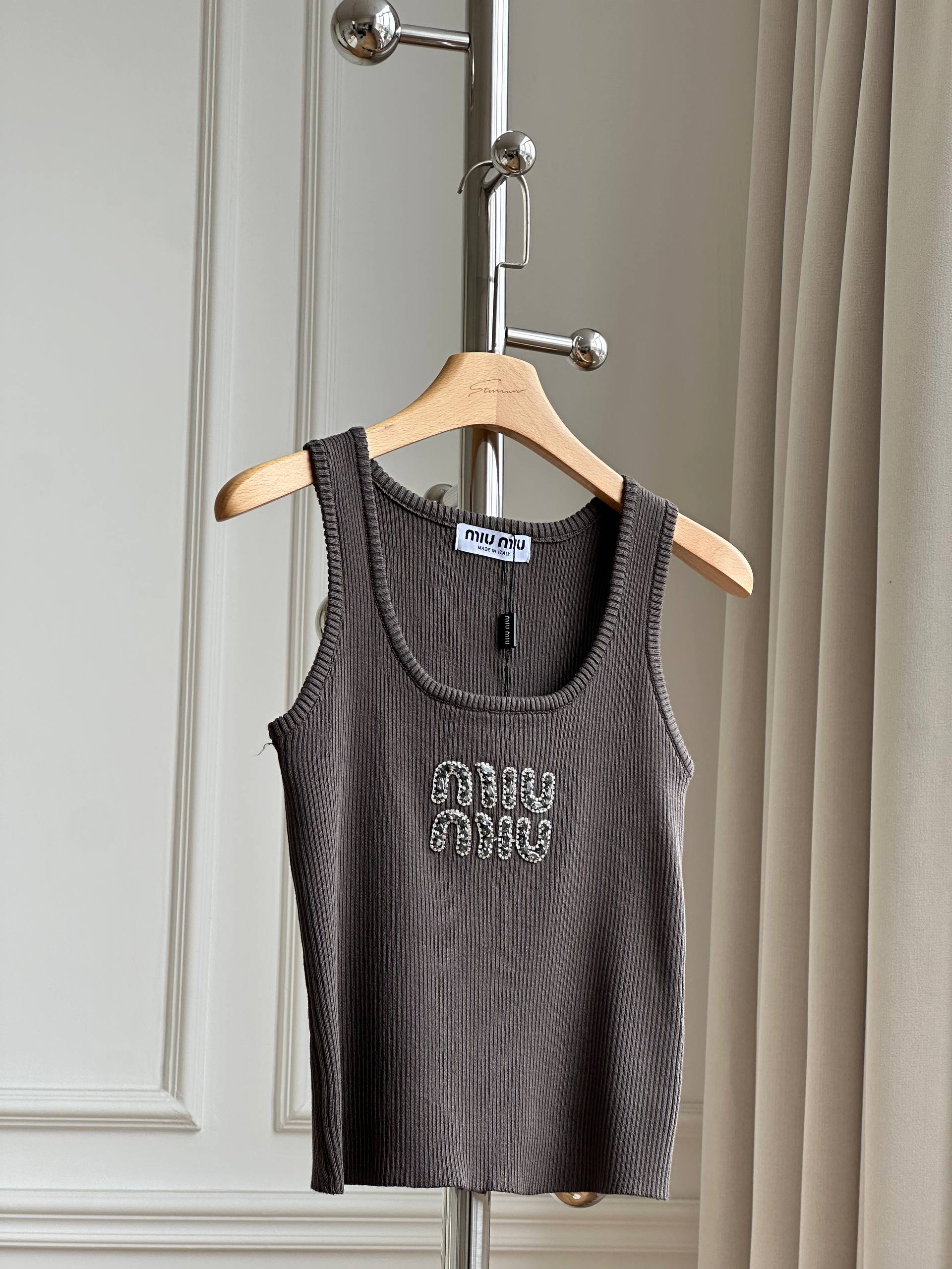 Miu Miu Crystal Logo Ribbed Knit U-Neck Tank Top