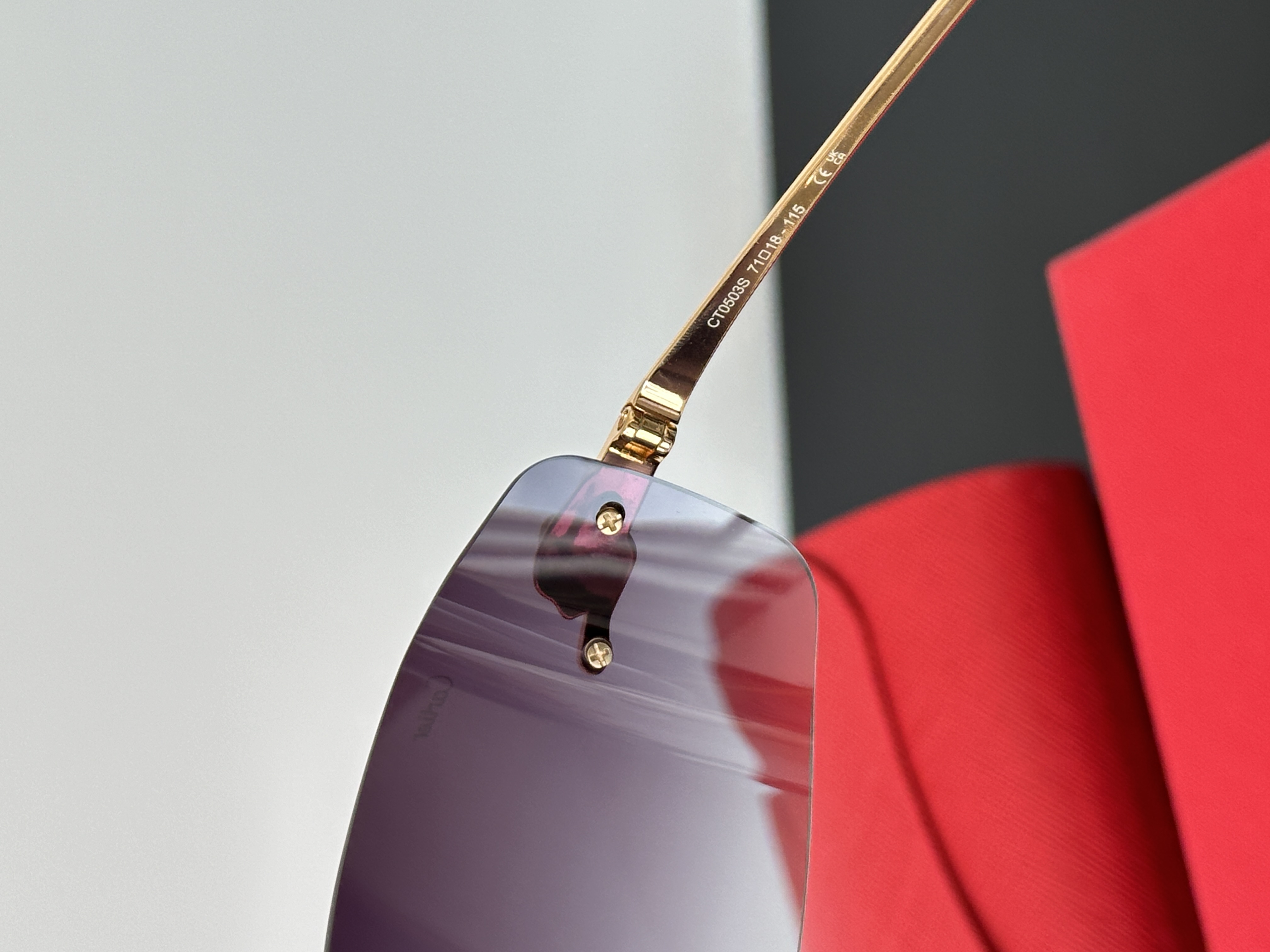 Cartier Gold Panther Head Rimless Gradient Burgundy Lens Sunglasses