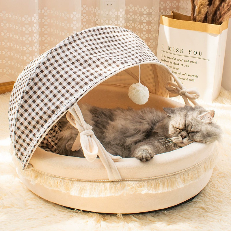 Beige Brown Gingham Canopy Cat Bed Plush Fringe Pom Pom Toy Semi Enclosed Nest for Small Dogs Cats - MAISONKAIRON