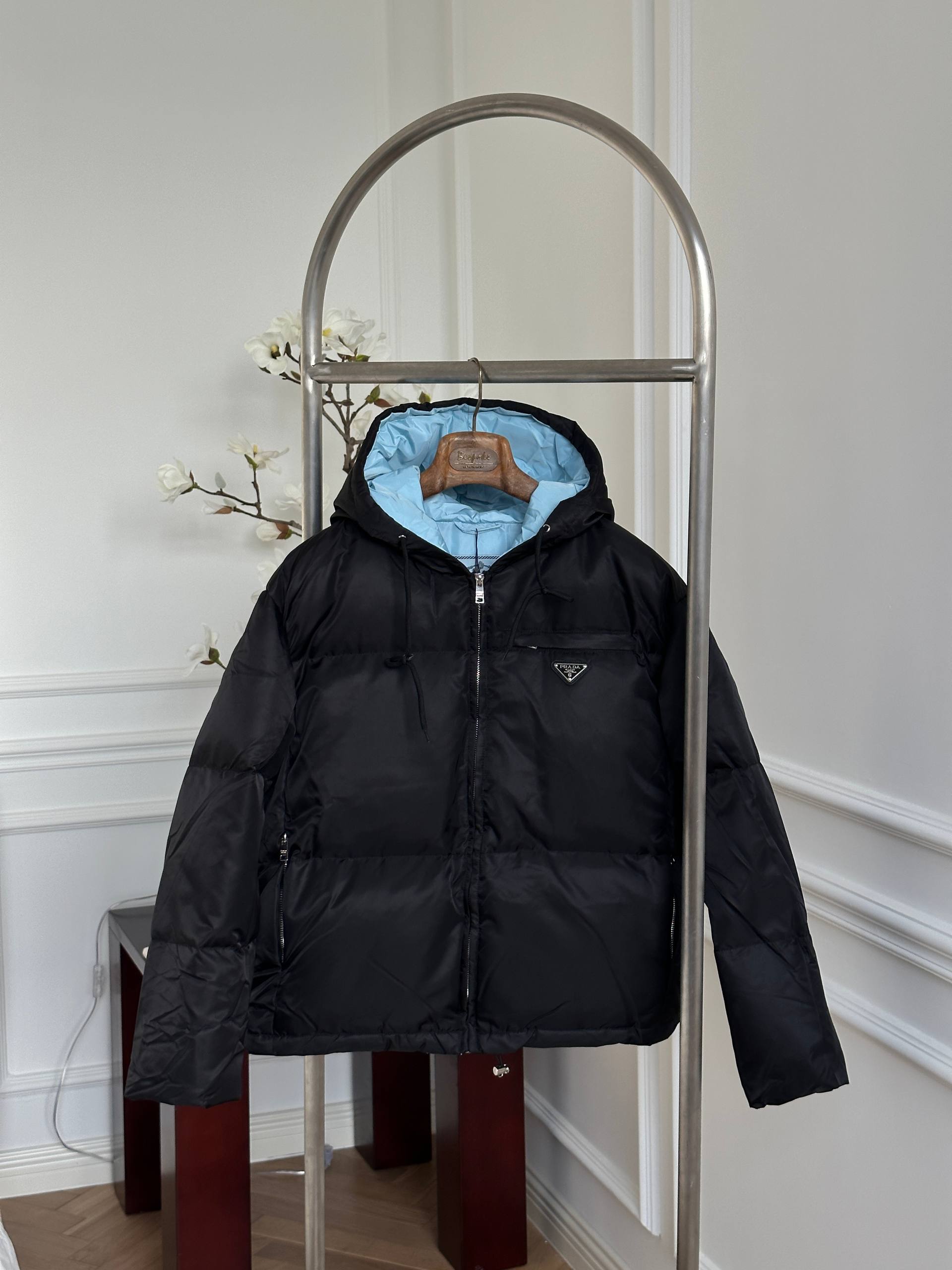 Prada Black Nylon Reversible Hooded Short Puffer Jacket