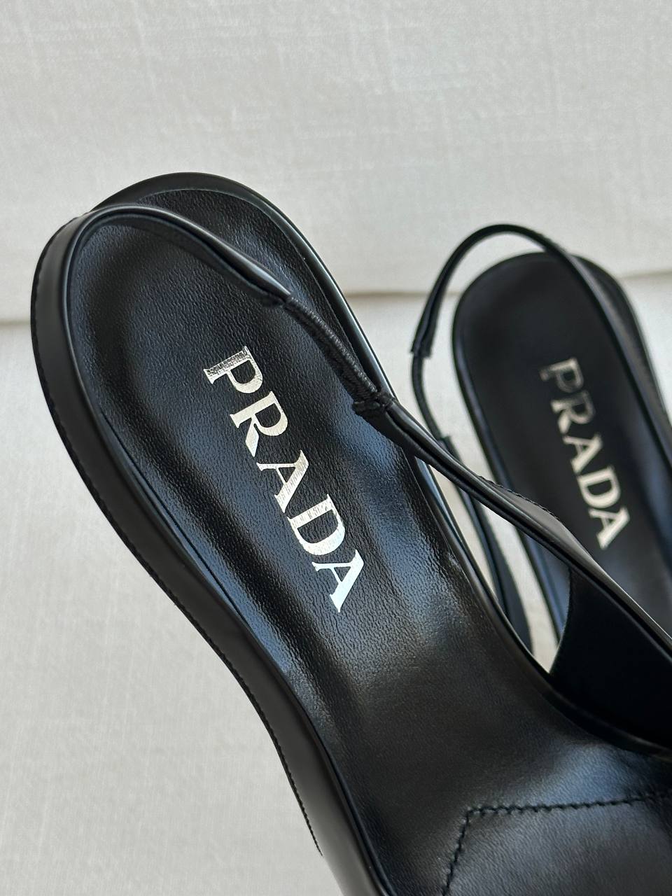 Prada Black Brushed Leather Pointed-Toe Triangle Logo Slingback Heels