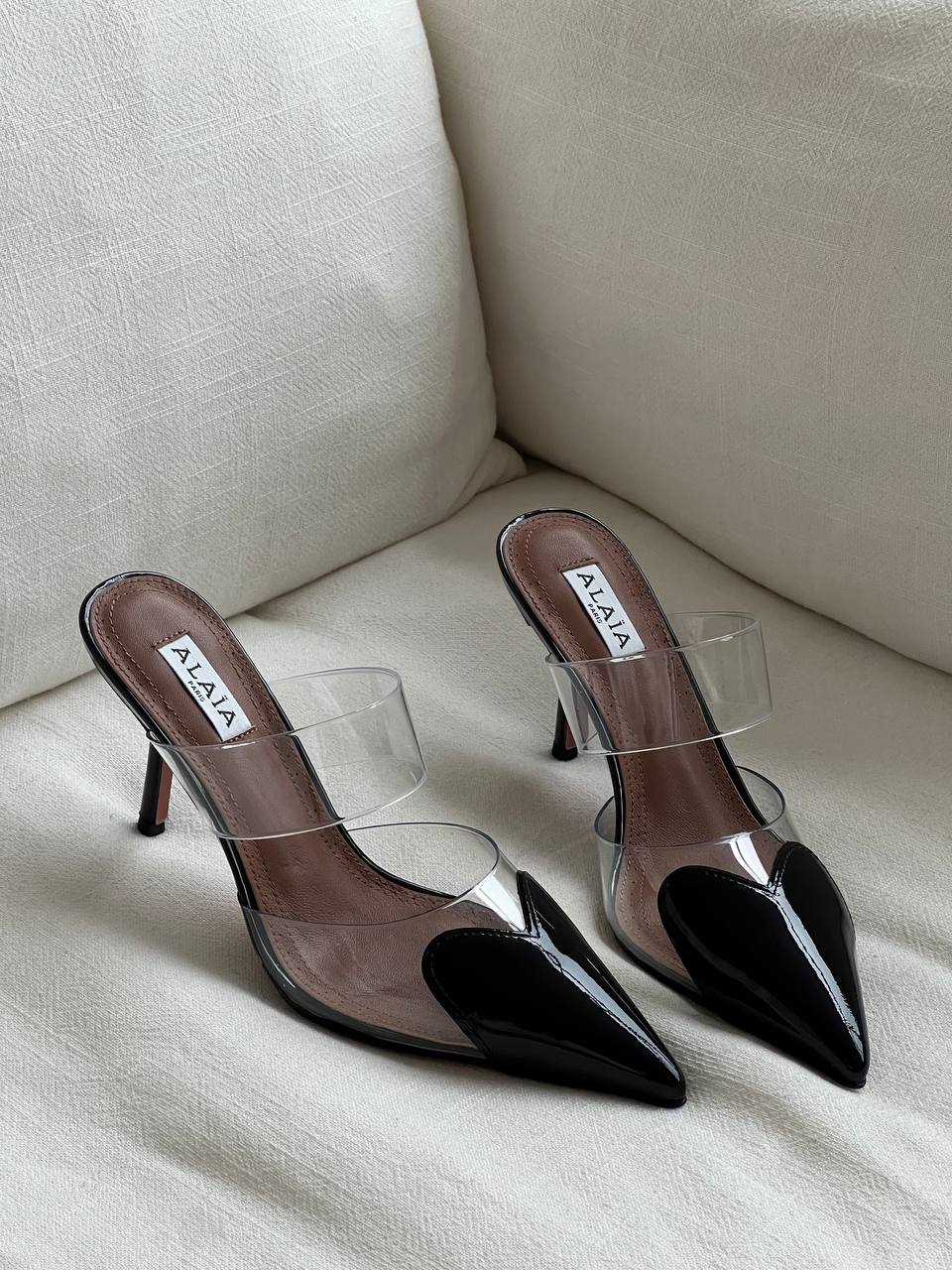 Alaïa Black Patent Leather Clear PVC Double Strap Pointed Toe High Heel Mule Sandals
