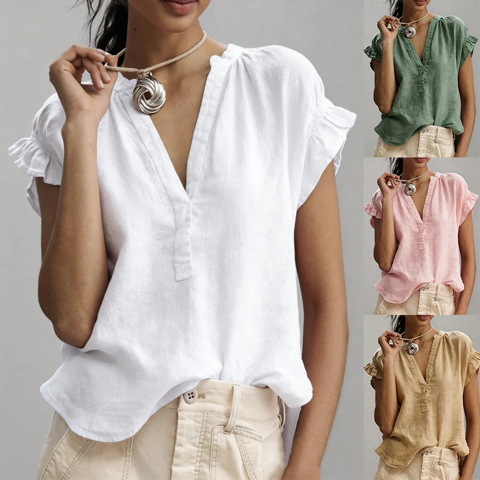 Blouse Décontractée en Coton et Lin – Col en V et Manches Volantées