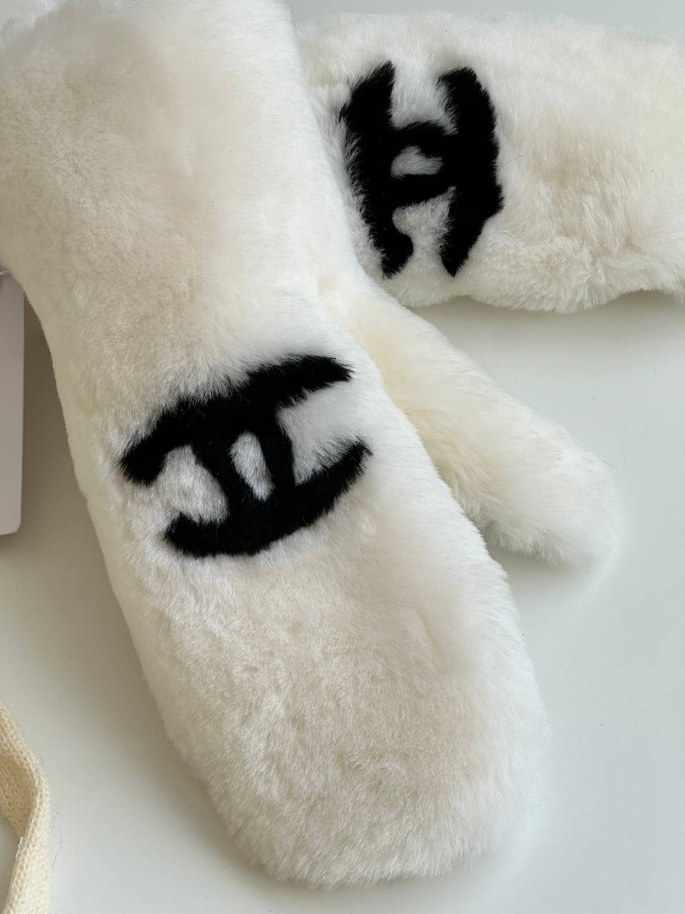 Chanel Off-white Faux Rabbit Fur Mittens With Black CC Embroidery & Neck Strap