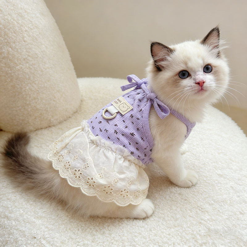 Lavender&Pink Floral Print Halter Dress Lace Ruffle Hem with D-Ring for Small Dogs Cats - MAISONKAIRON